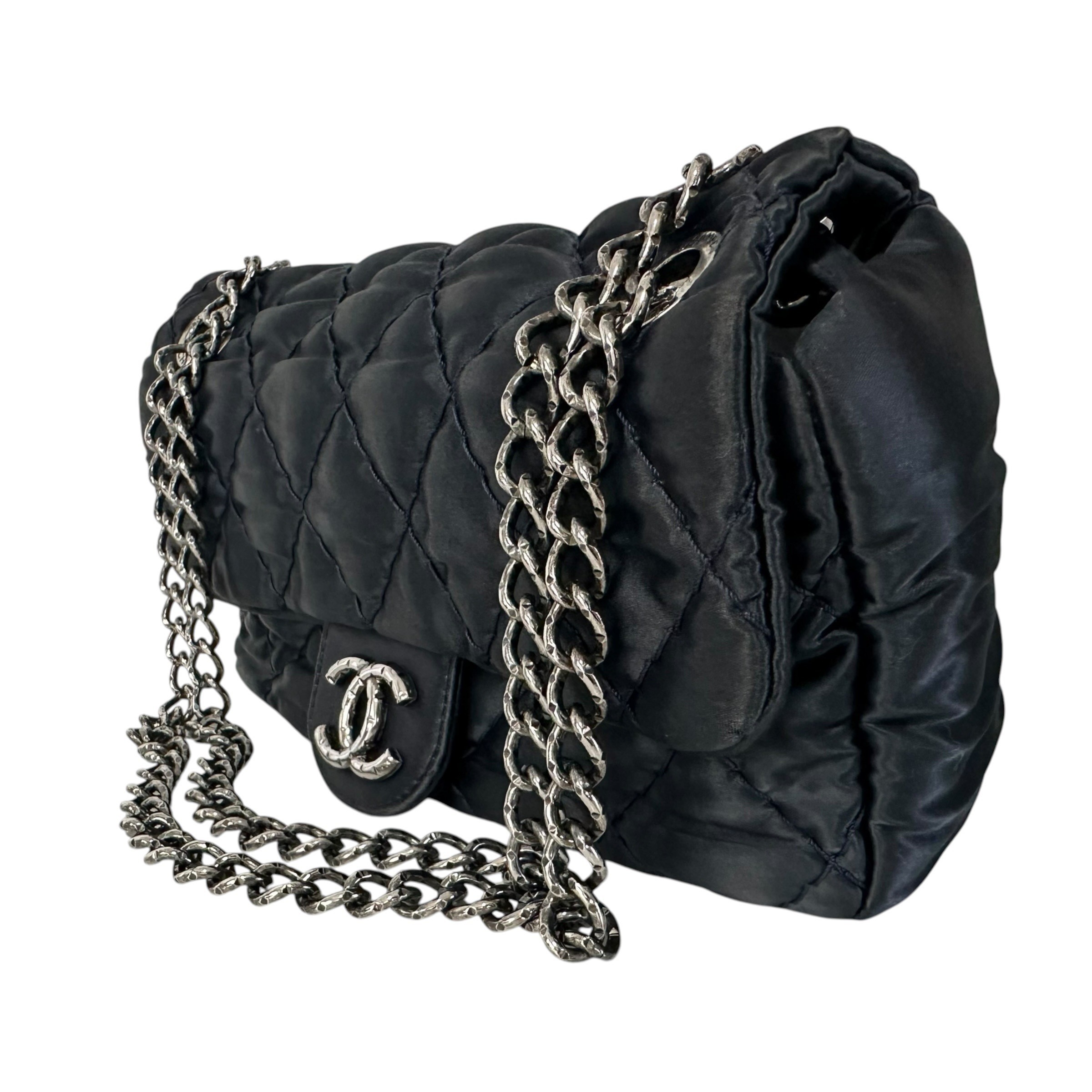 Matelassé Nylon Shoulder Bag with Coco Mark and Double Chain, Navy — view 3