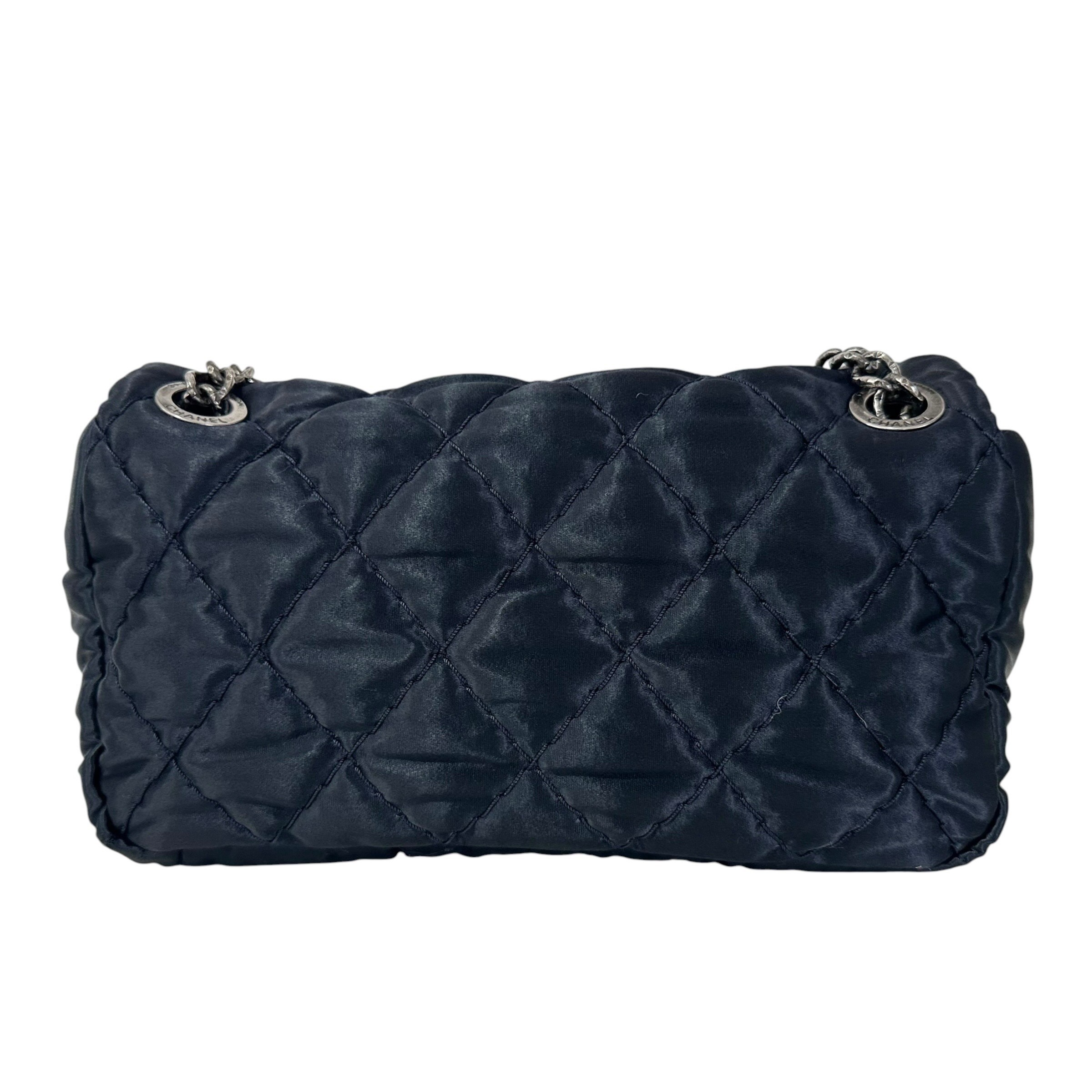 Matelassé Nylon Shoulder Bag with Coco Mark and Double Chain, Navy — view 4