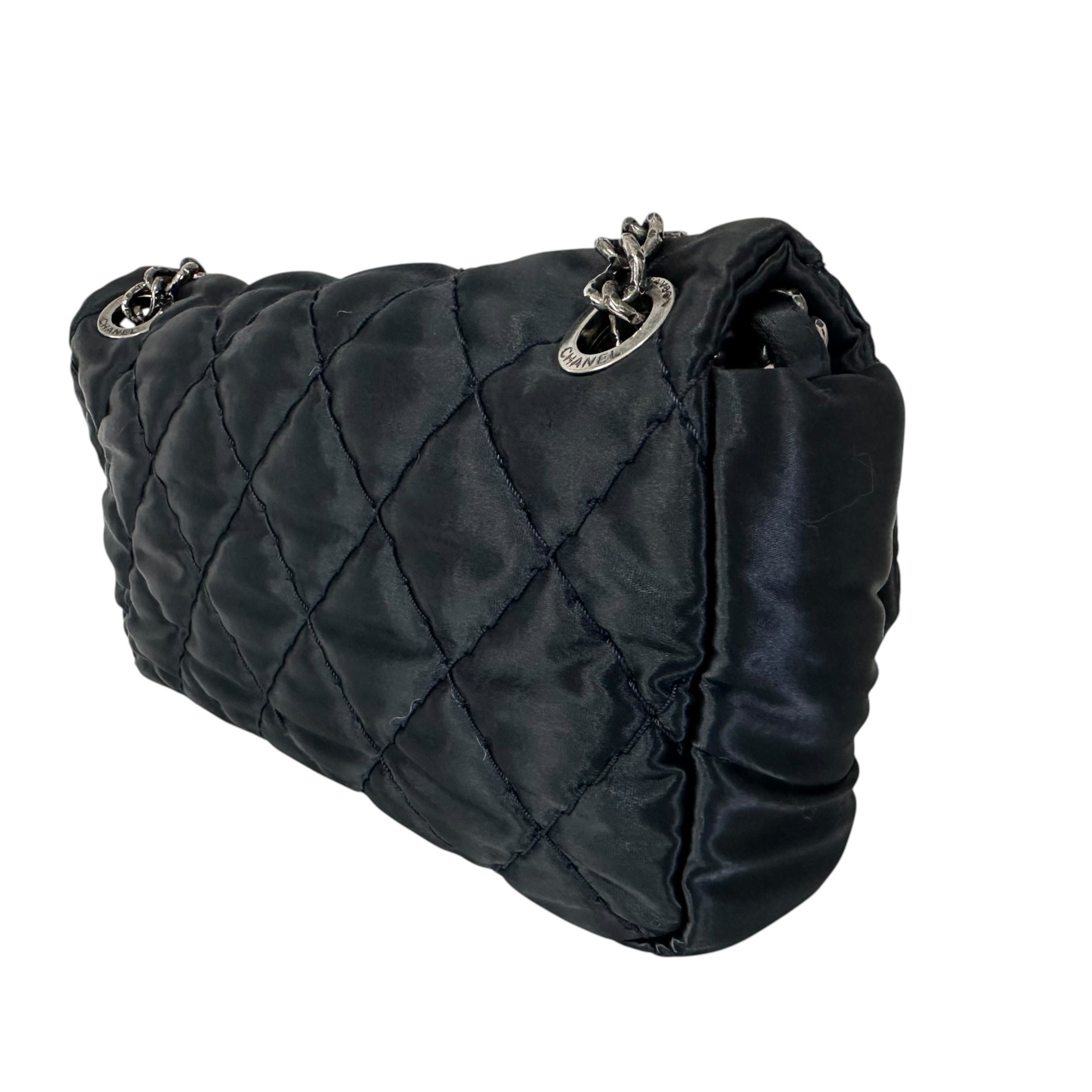 Matelassé Nylon Shoulder Bag with Coco Mark and Double Chain, Navy — view 6