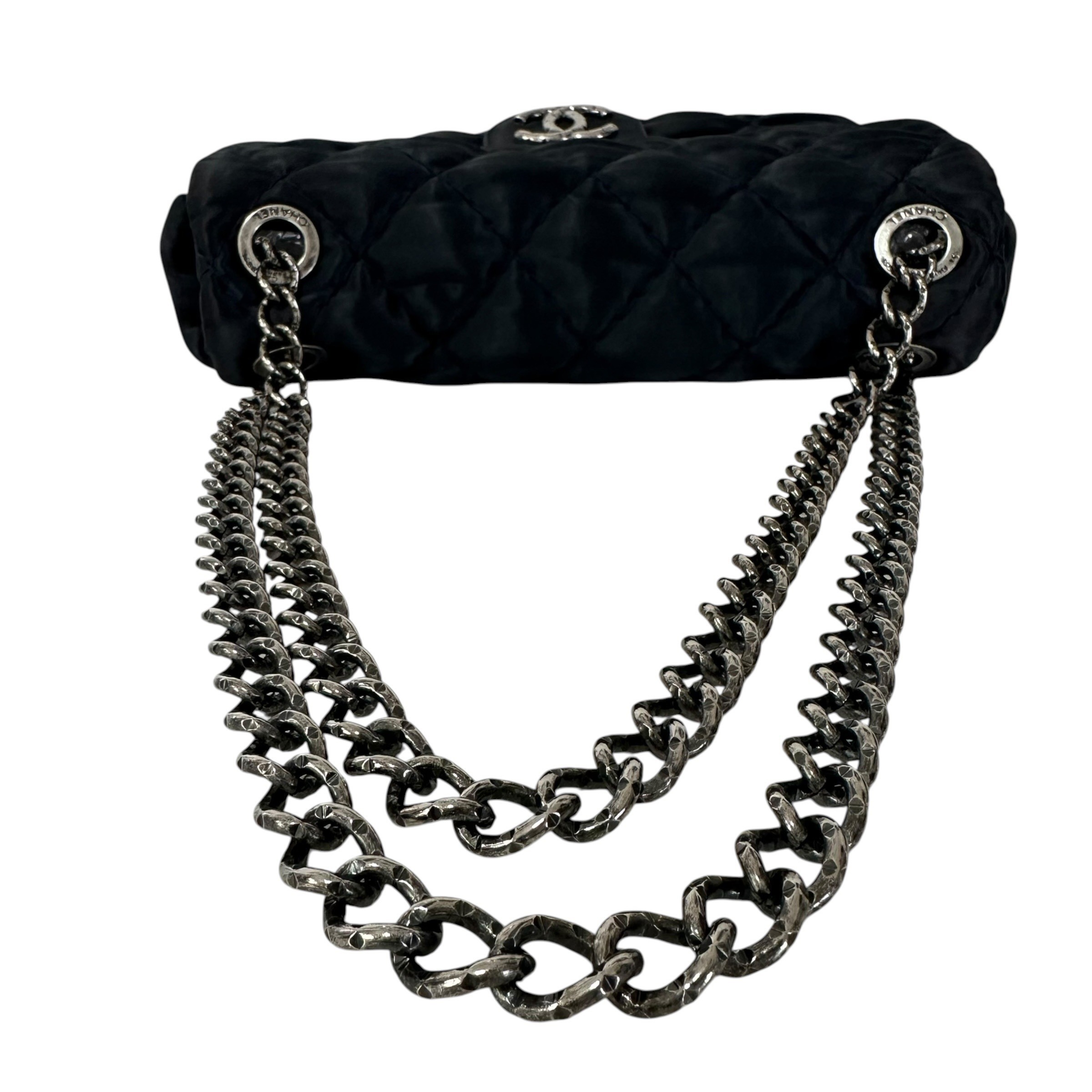 Matelassé Nylon Shoulder Bag with Coco Mark and Double Chain, Navy — view 7