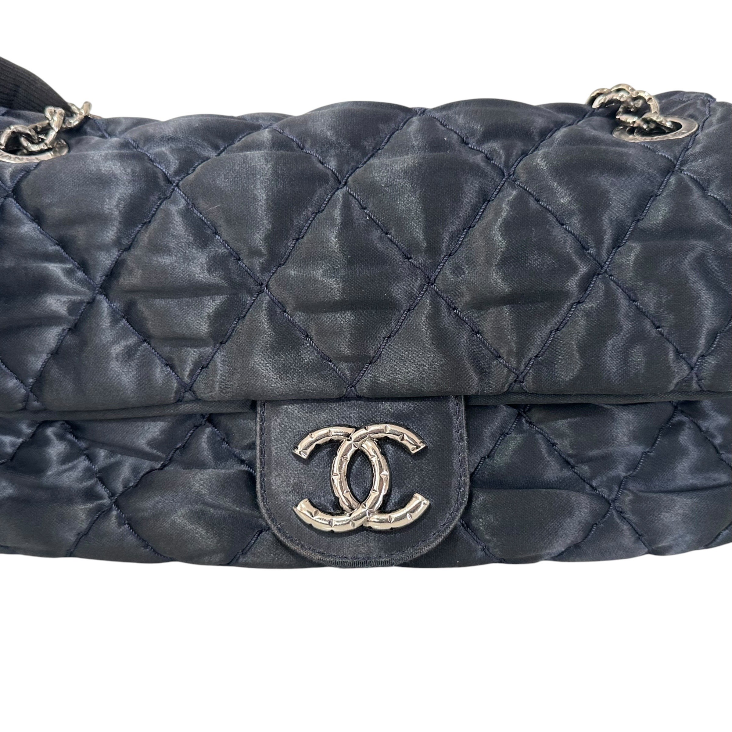 Matelassé Nylon Shoulder Bag with Coco Mark and Double Chain, Navy — view 8