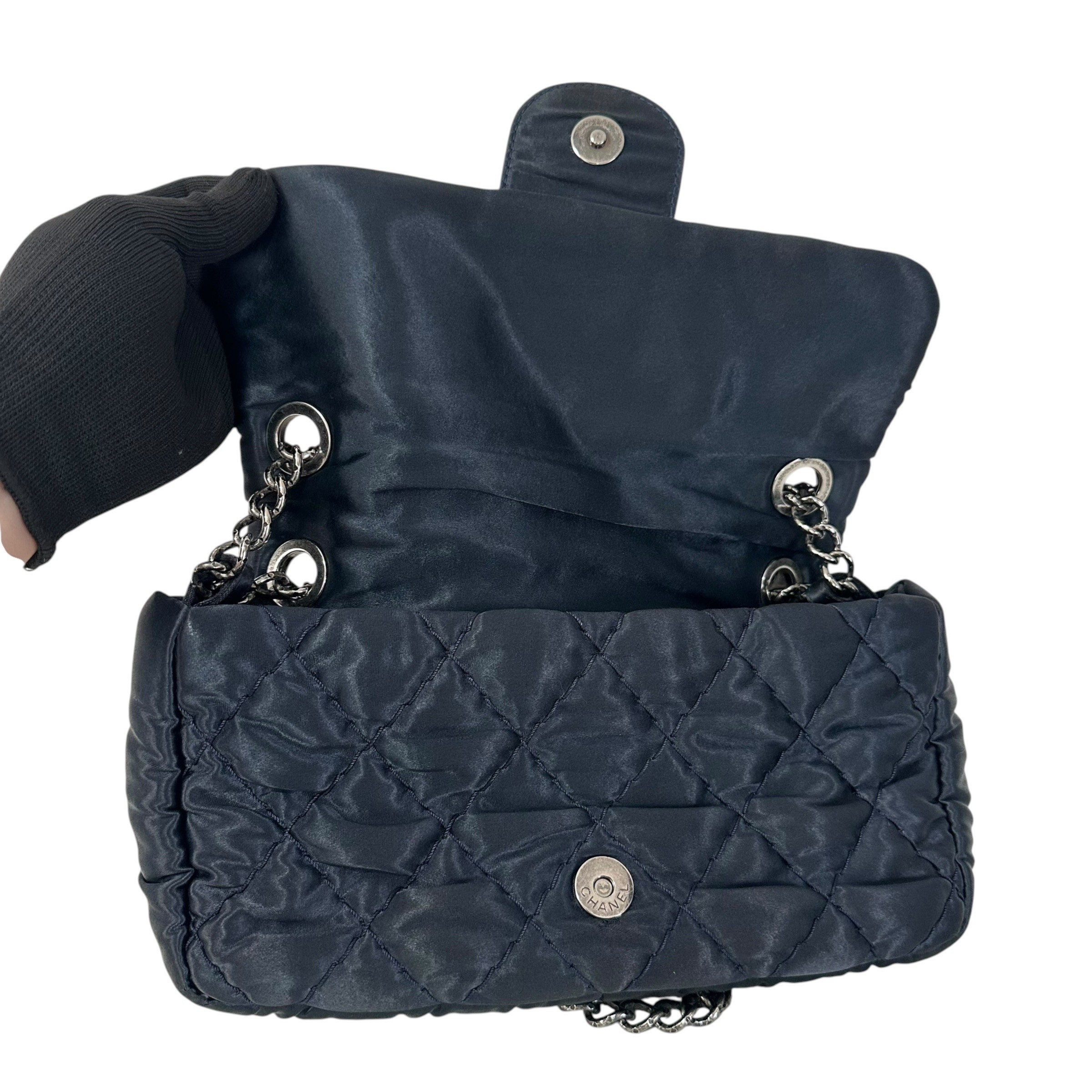 Matelassé Nylon Shoulder Bag with Coco Mark and Double Chain, Navy — view 9