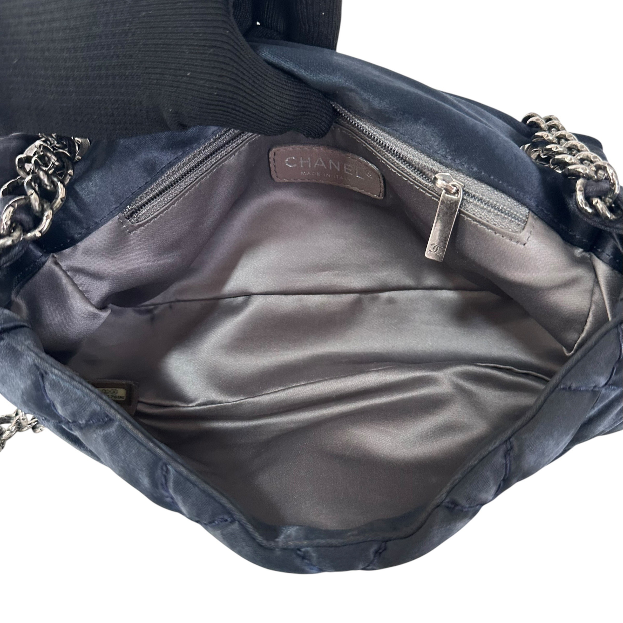Matelassé Nylon Shoulder Bag with Coco Mark and Double Chain, Navy — view 10