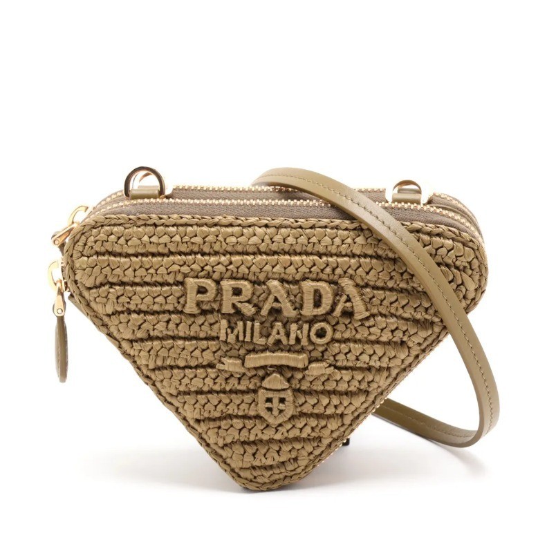 Unused, with box. Triangle design, raffia x leather, 2-way bag, khaki. — view 2