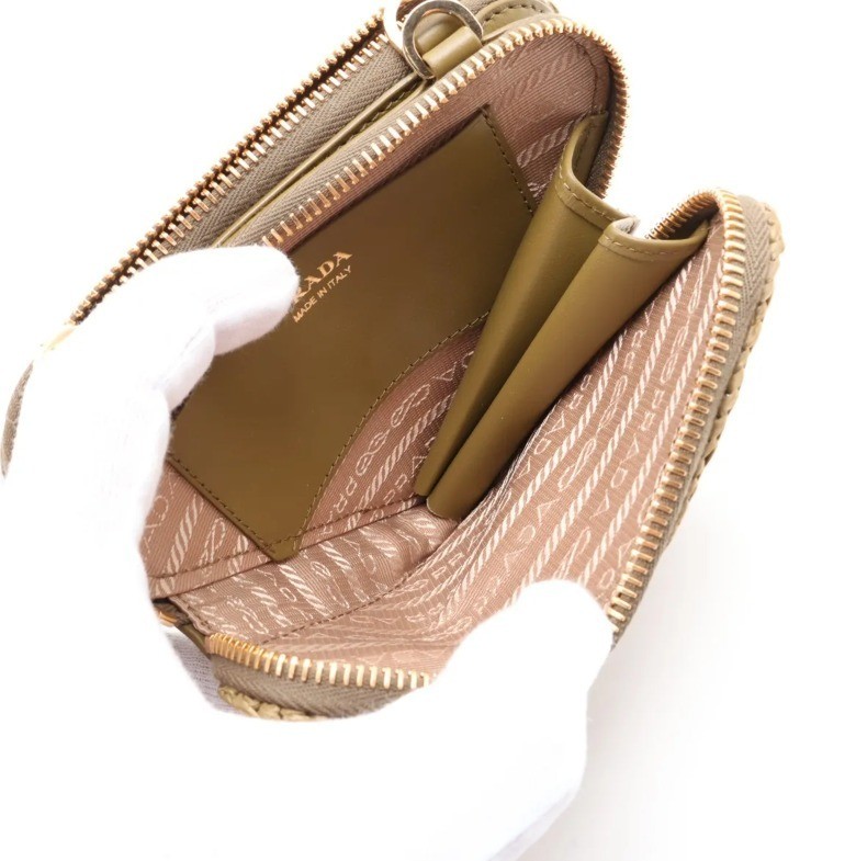 Unused, with box. Triangle design, raffia x leather, 2-way bag, khaki. — view 4