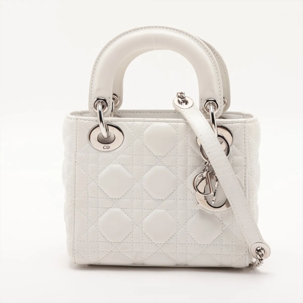 Cannage Lady Dior Mini Leather 2-Way Handbag, White