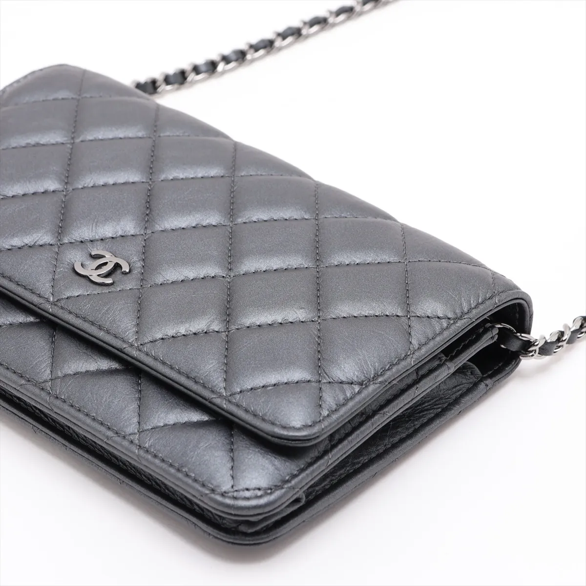 Matelassé Vintage Calfskin Chain Wallet, Silver, Silver Hardware, 26678412, Serial Number 26 — view 3