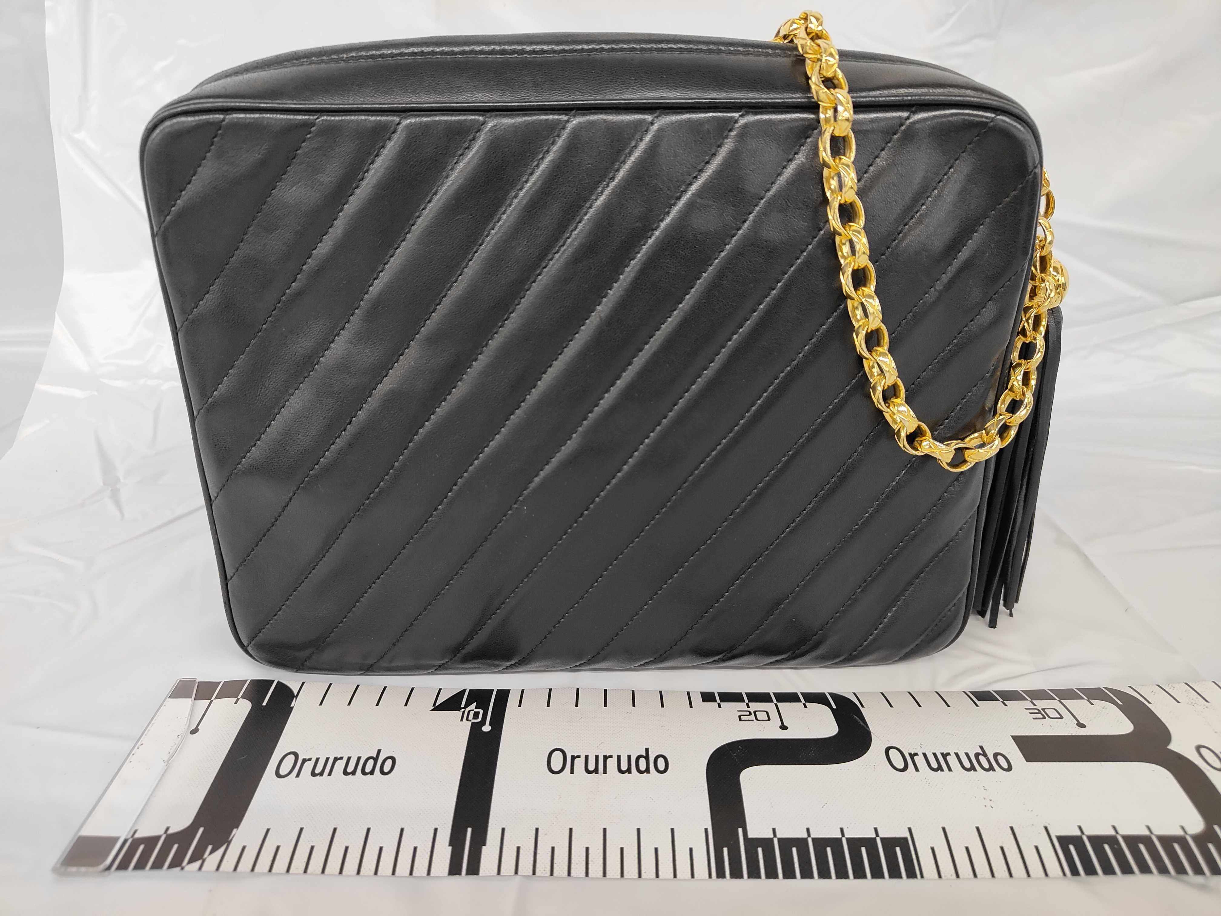 Lambskin Bias Stitch Chain Shoulder Bag with Fringe and Gold Hardware, Black, with Box and Dust Bag. — view 2