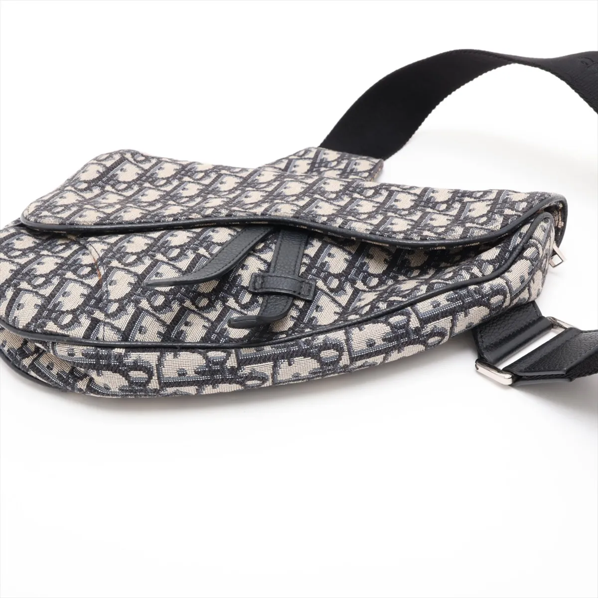Oblique Saddle Canvas x Leather Body Bag, Navy — view 3