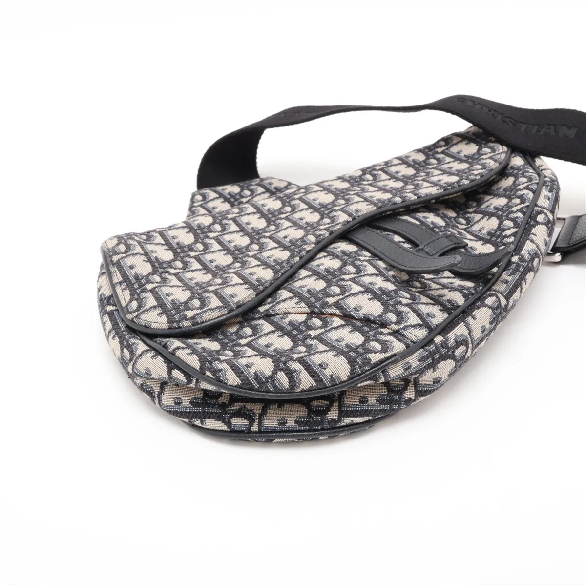 Oblique Saddle Canvas x Leather Body Bag, Navy — view 4