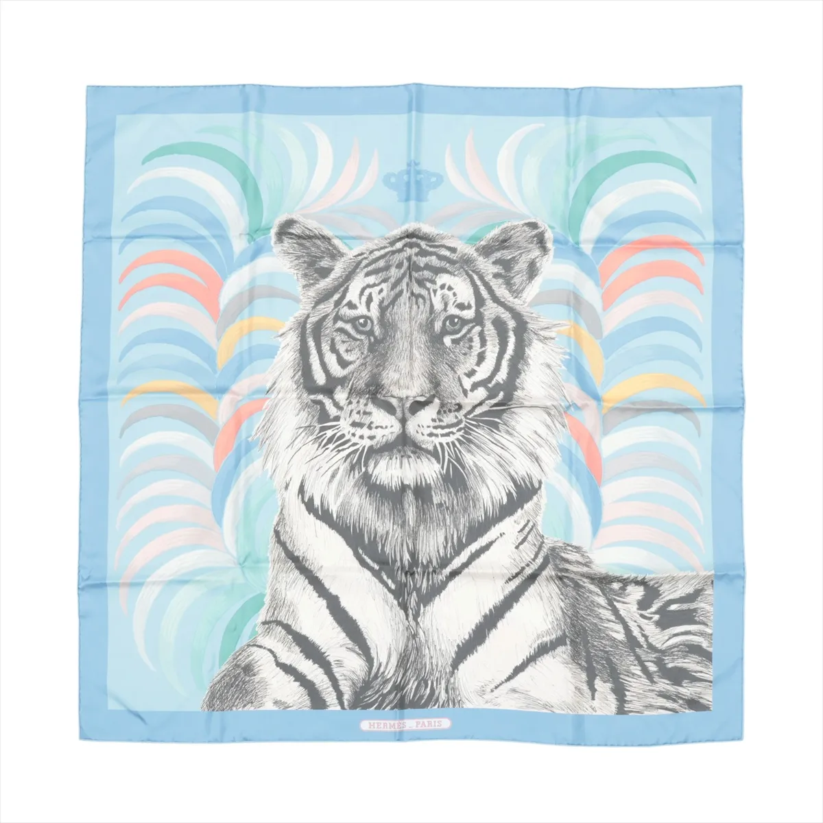 Carre 90 Tigre Royal (Tiger King) Scarf, Silk, Light Blue, with some wear,