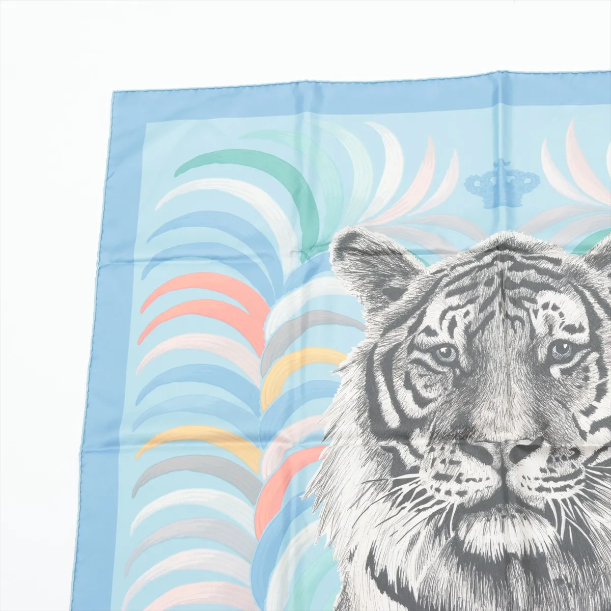 Carre 90 Tigre Royal (Tiger King) Scarf, Silk, Light Blue, with some wear, — view 2