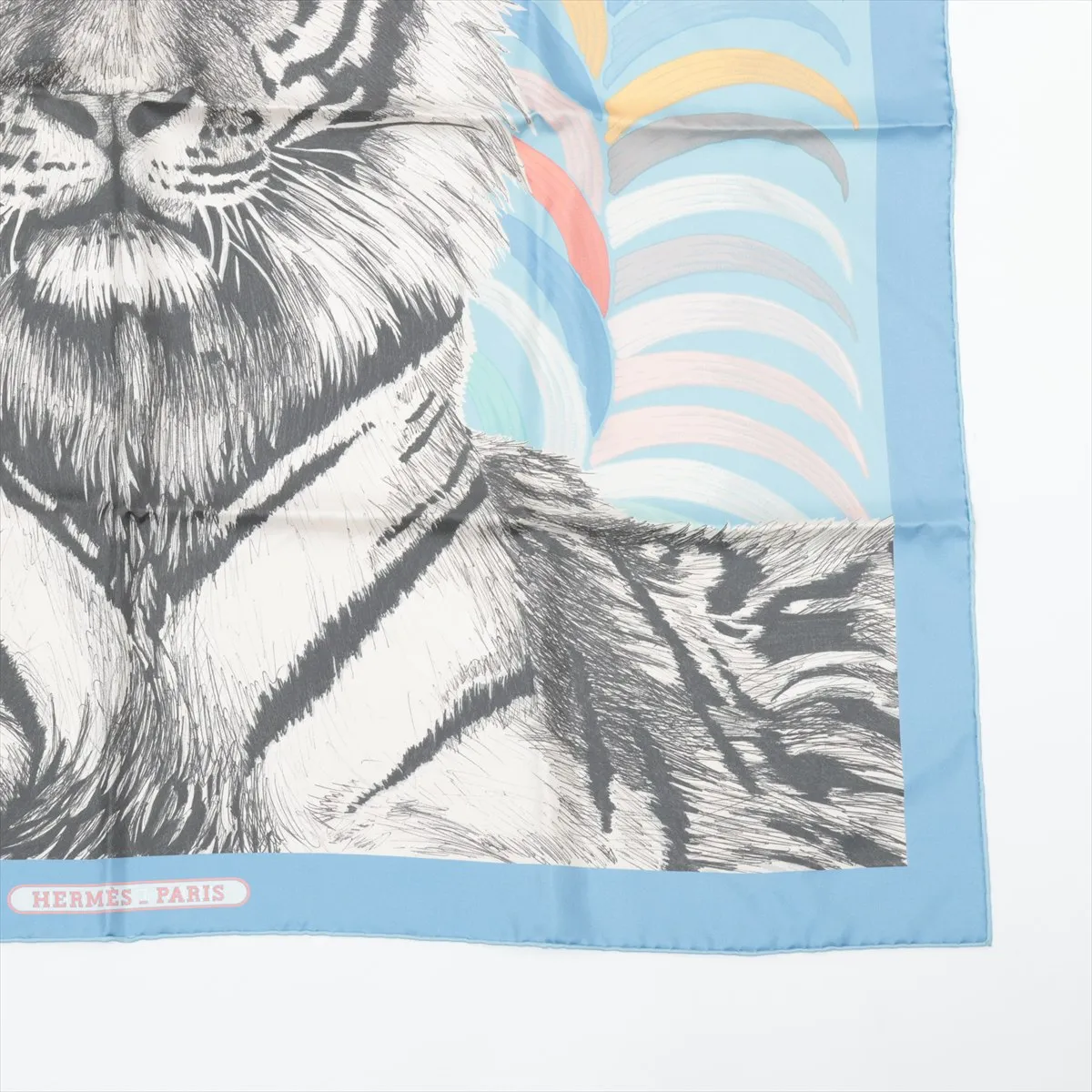 Carre 90 Tigre Royal (Tiger King) Scarf, Silk, Light Blue, with some wear, — view 4