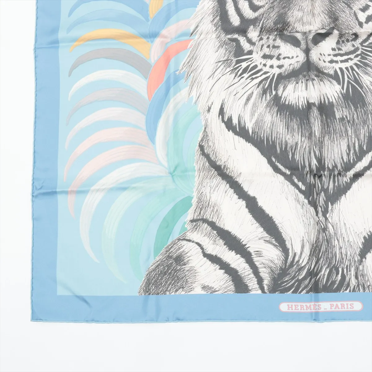 Carre 90 Tigre Royal (Tiger King) Scarf, Silk, Light Blue, with some wear, — view 5