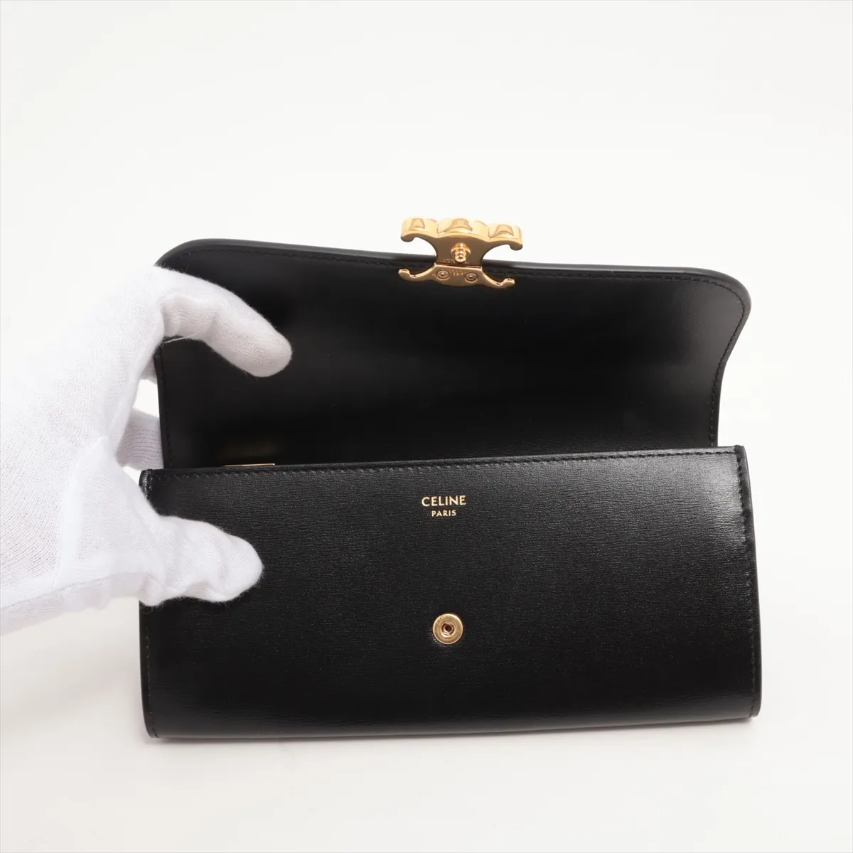 Triomphe Large Wallet Leather Long Wallet Black — view 3