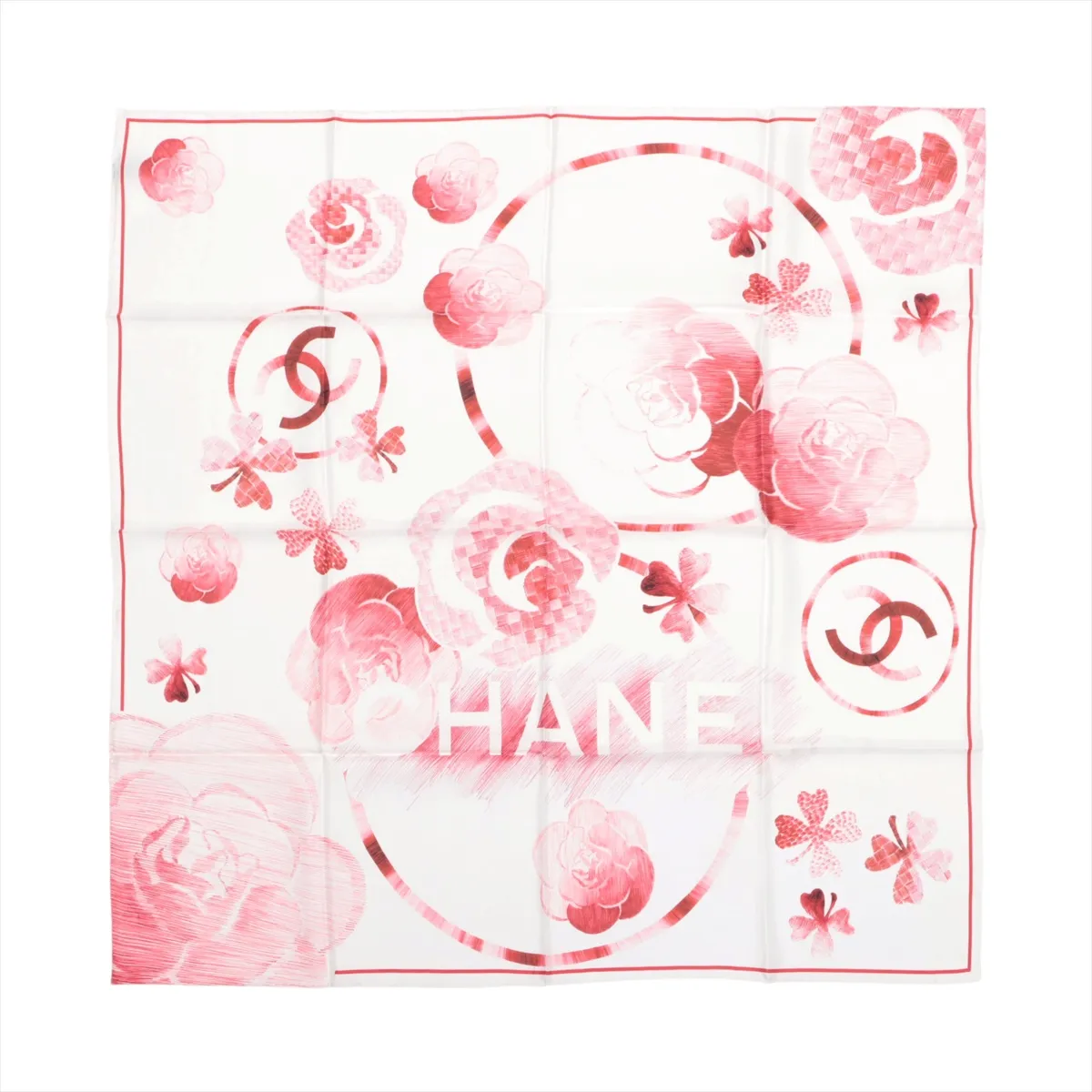 Coco Mark Camellia 15P Scarf, Silk, Red. Shows signs of wear,