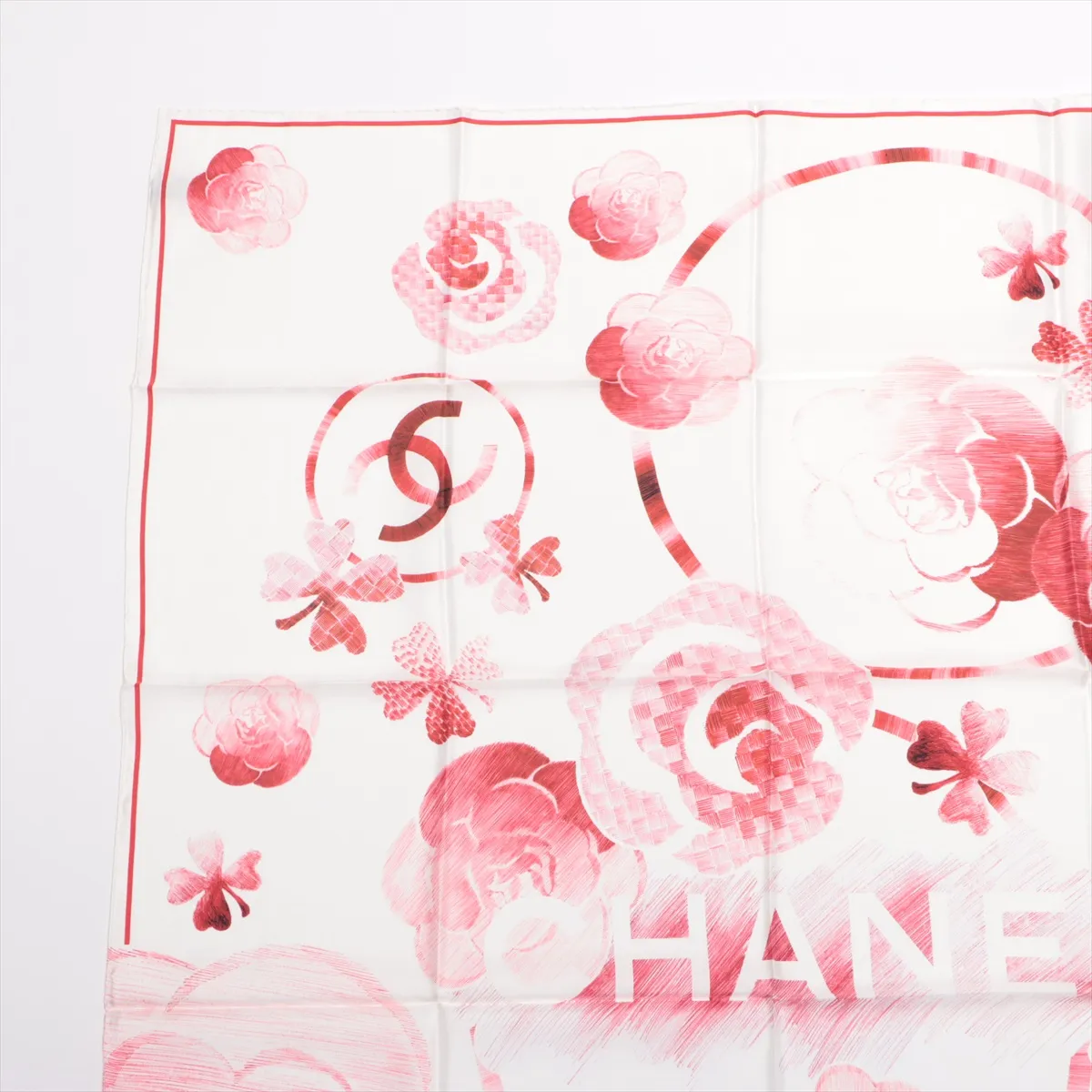 Coco Mark Camellia 15P Scarf, Silk, Red. Shows signs of wear, — view 2