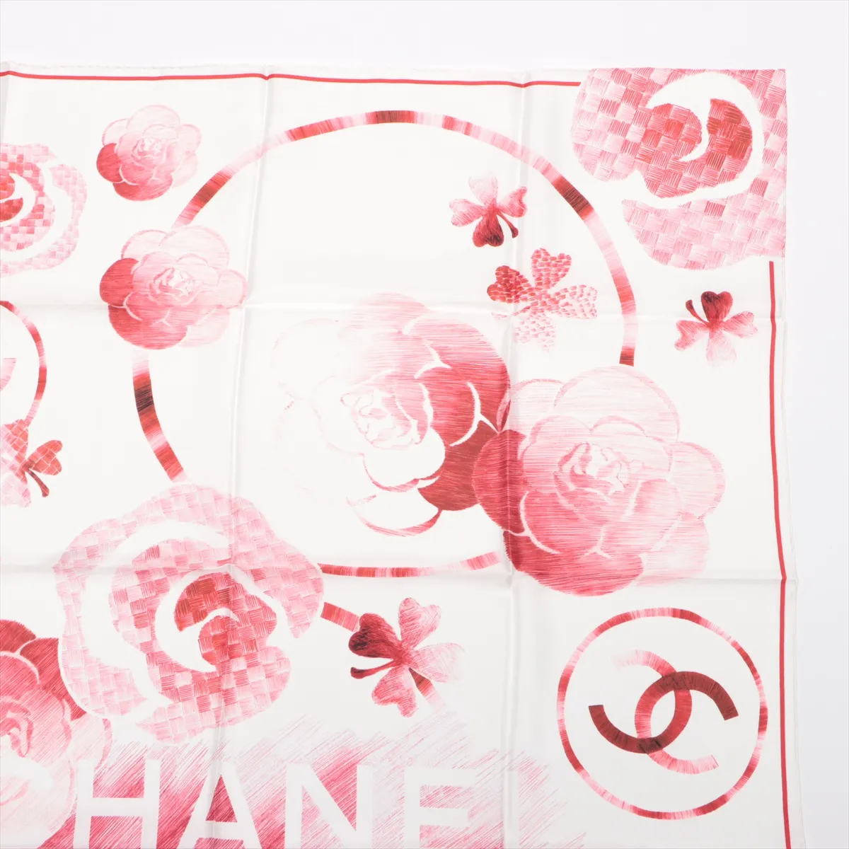 Coco Mark Camellia 15P Scarf, Silk, Red. Shows signs of wear, — view 3