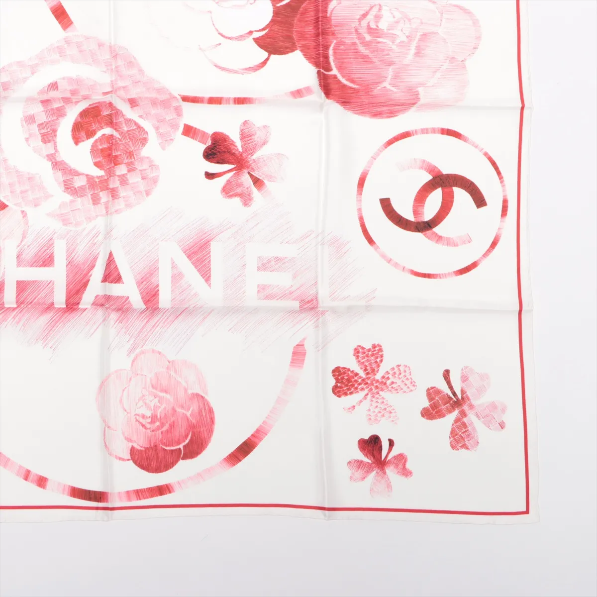 Coco Mark Camellia 15P Scarf, Silk, Red. Shows signs of wear, — view 4