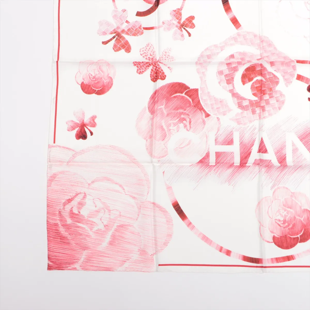 Coco Mark Camellia 15P Scarf, Silk, Red. Shows signs of wear, — view 5