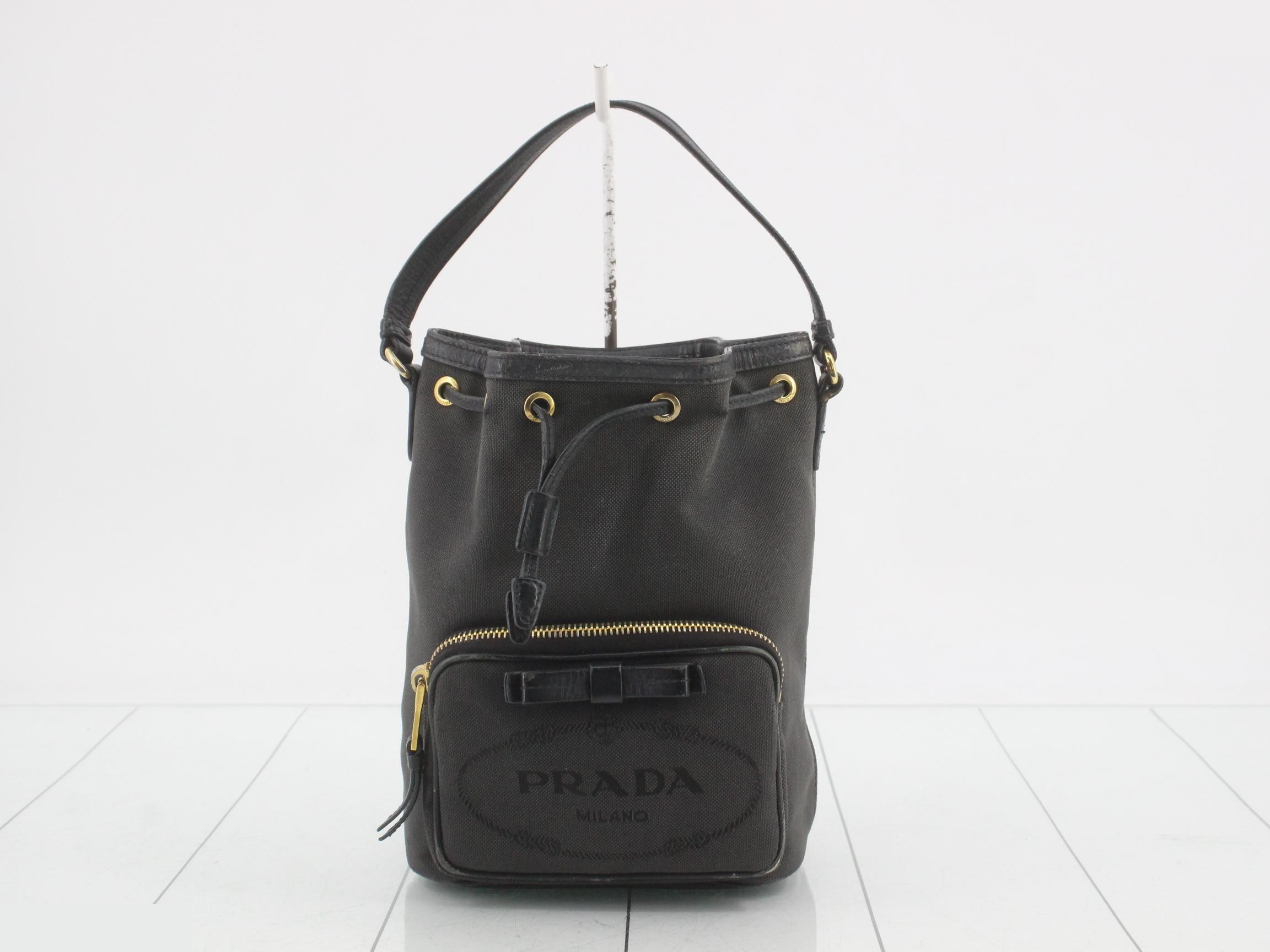 Logo jacquard canvas drawstring handbag, black.