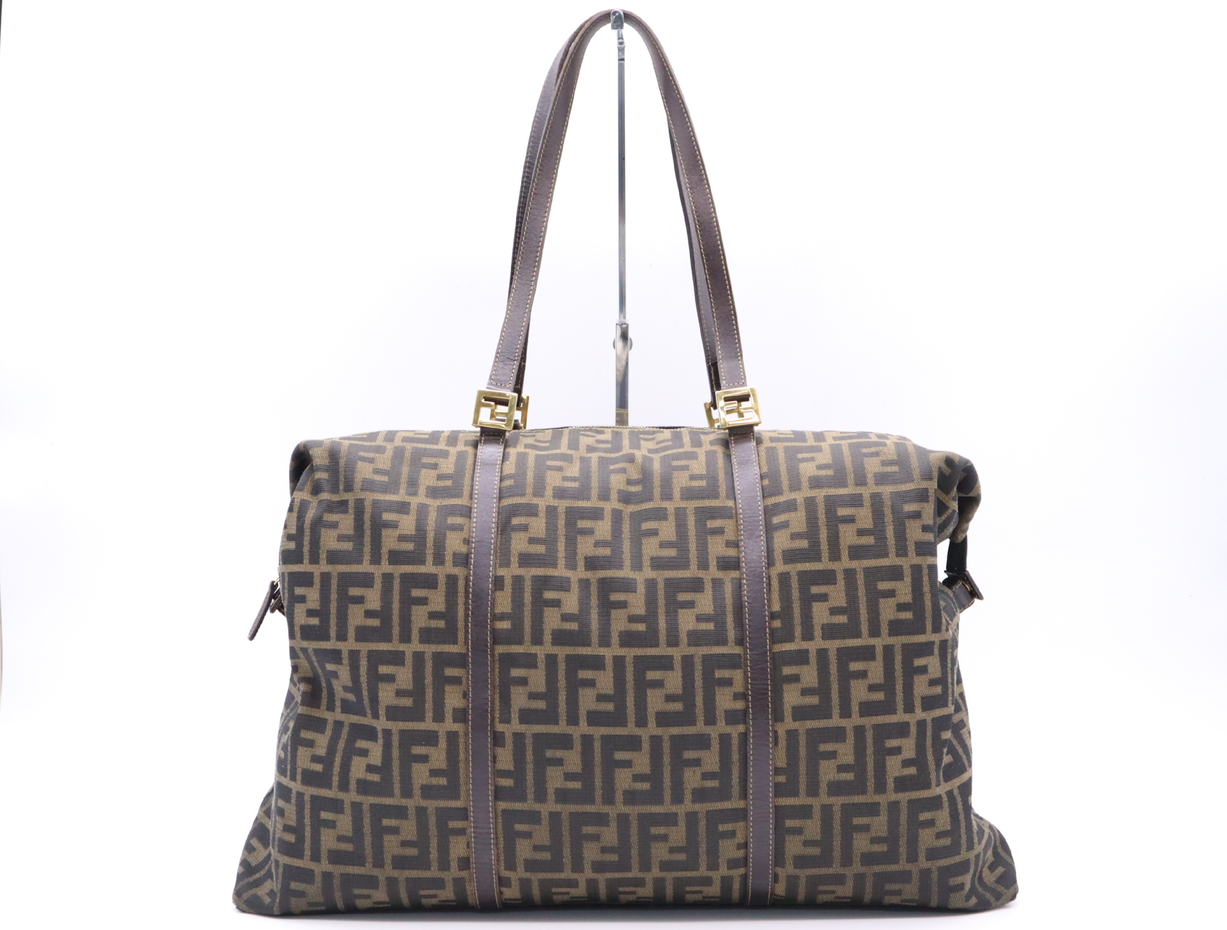 Canvas x Leather Zucca Pattern Tote Bag, Brown, Gold Hardware