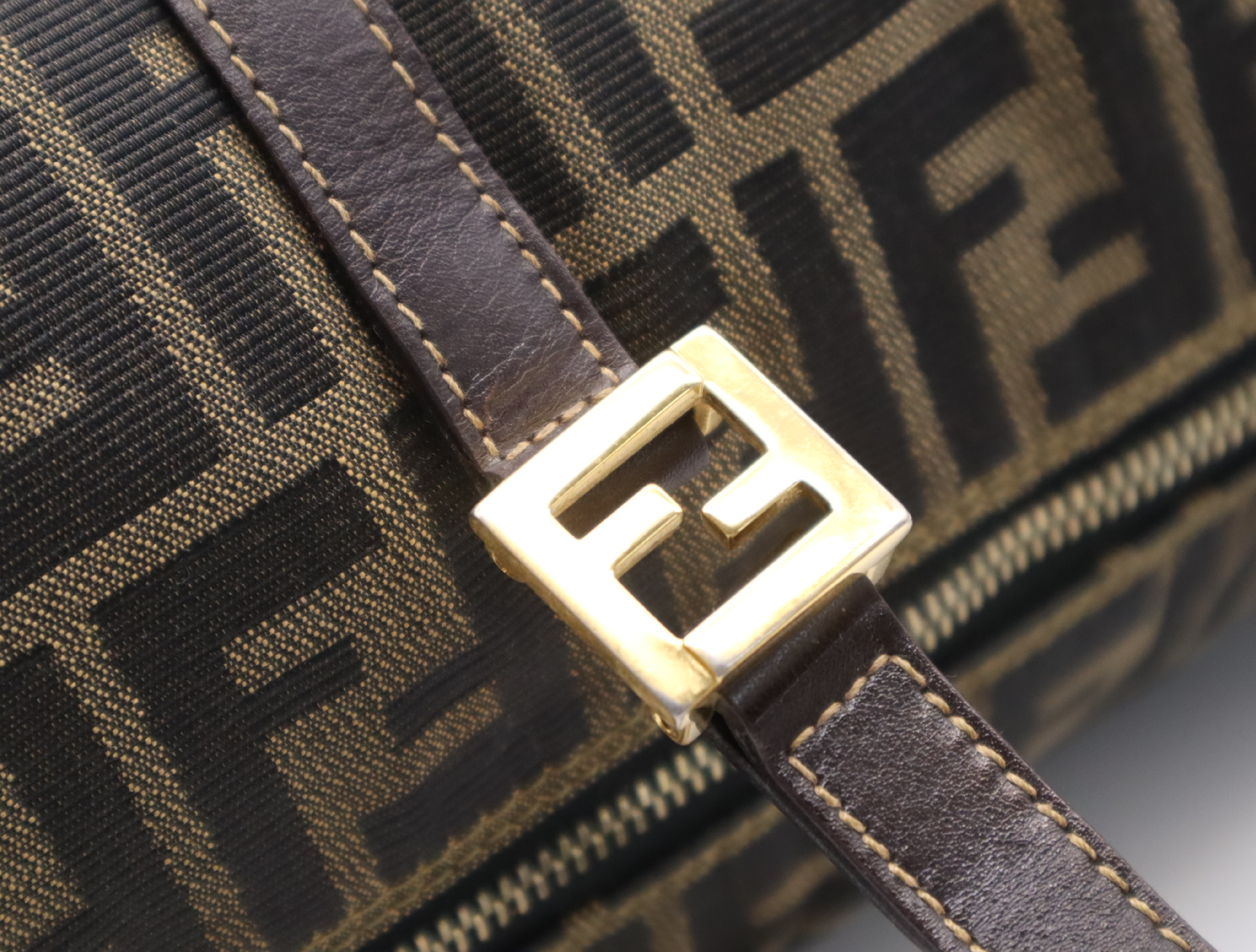 Canvas x Leather Zucca Pattern Tote Bag, Brown, Gold Hardware — view 9