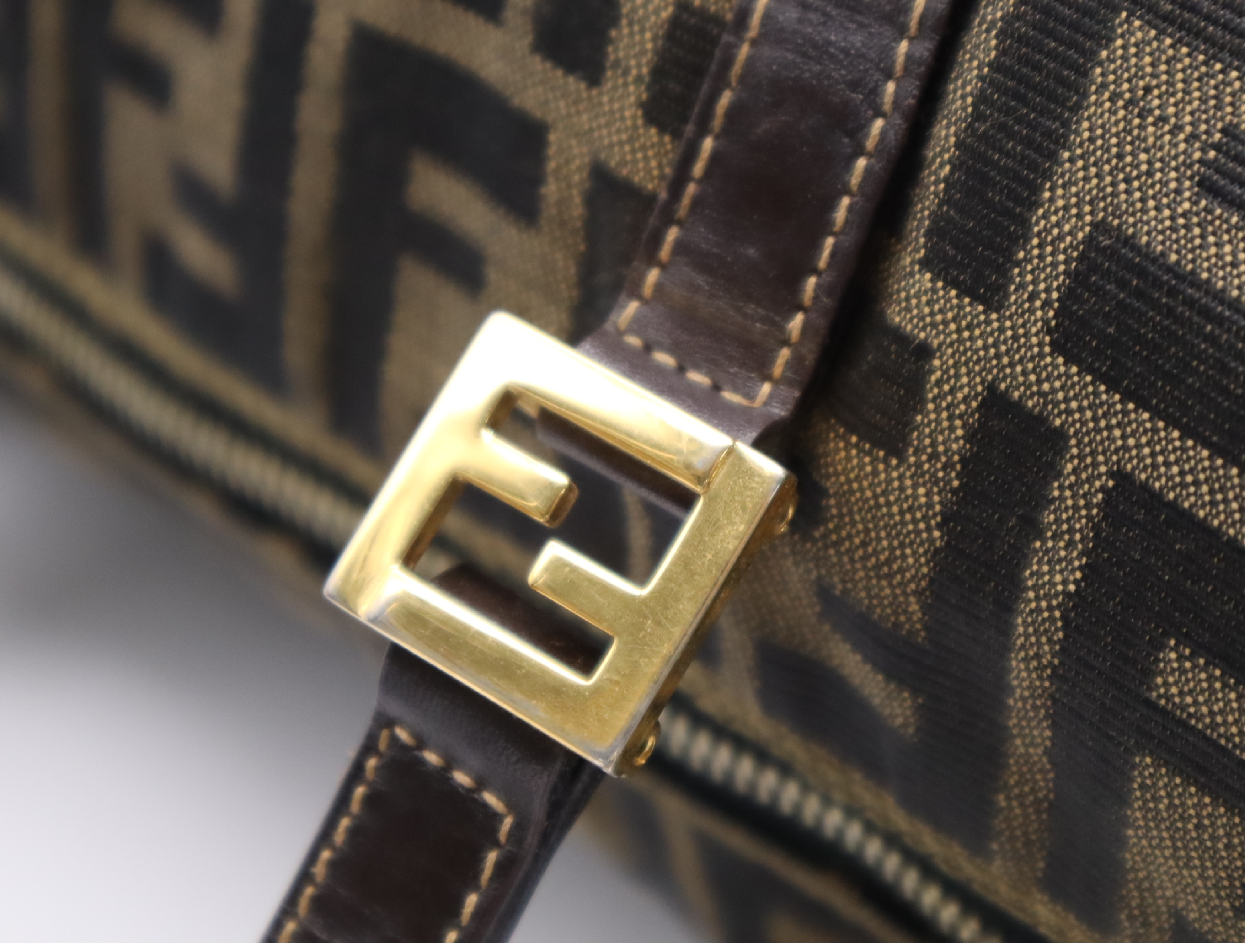 Canvas x Leather Zucca Pattern Tote Bag, Brown, Gold Hardware — view 10