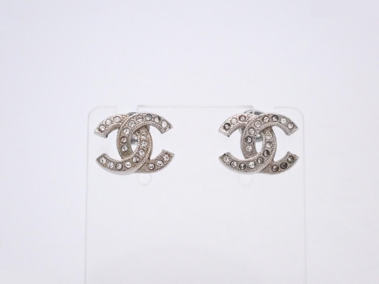earrings, C22V, Coco Mark design, rhinestones, silver, 1.3cm wide.
