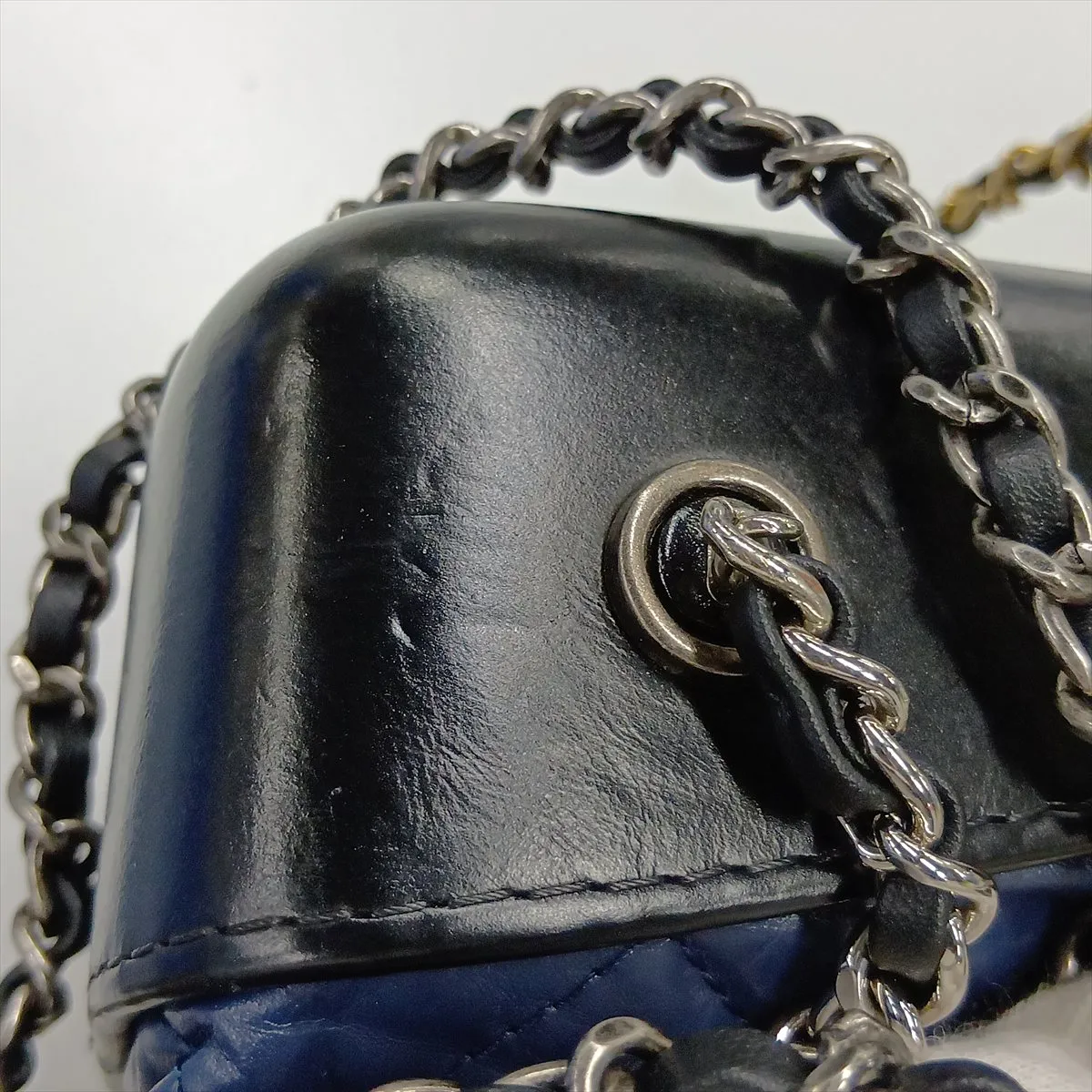 Gabrielle de Chanel Vintage Calfskin Chain Backpack, Navy, Gold x Silver Hardware, 25619604, Serial Number — view 14
