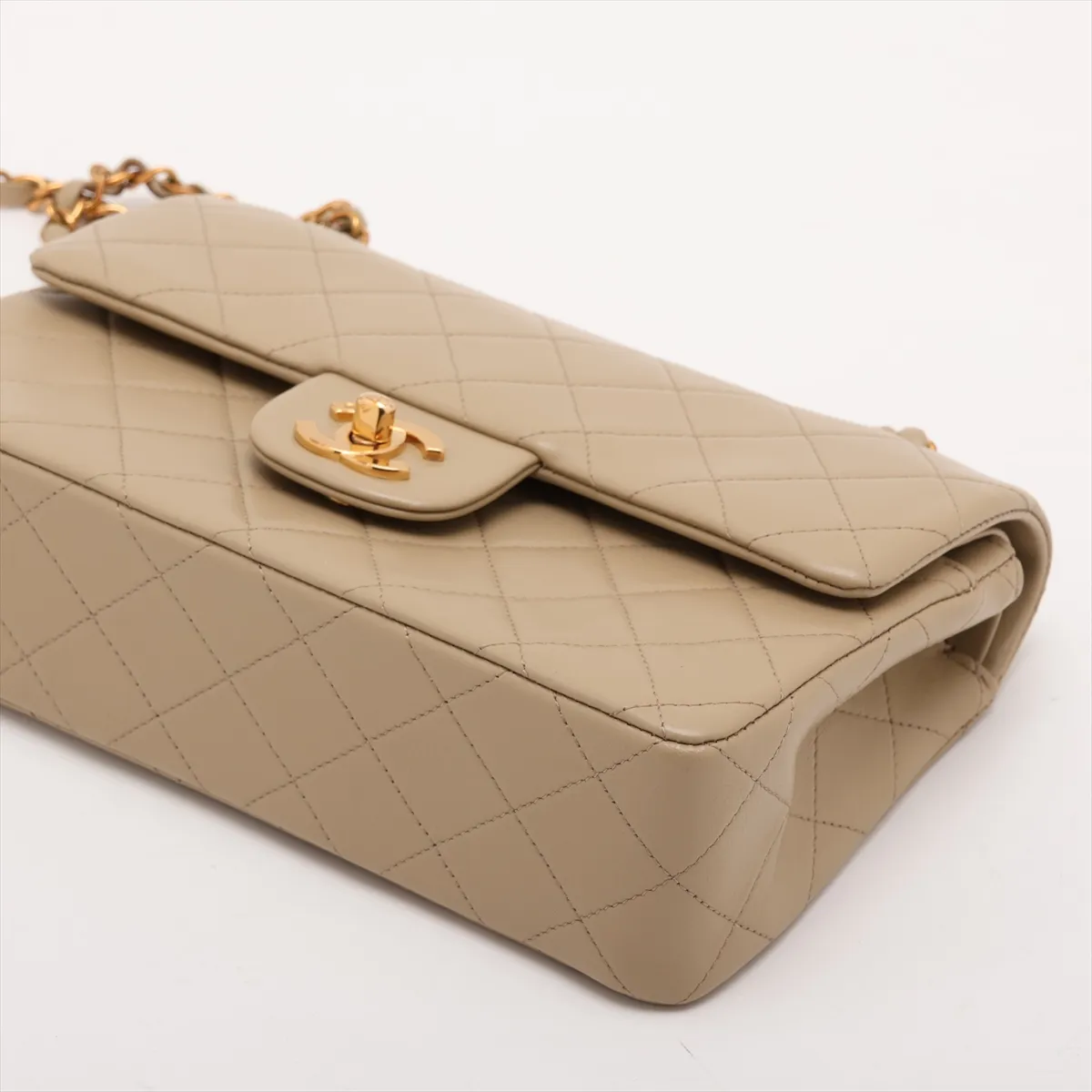 Matelassé 23 Small Lambskin Double Flap Double Chain Bag, Beige, Gold Hardware, 3057912, Series 3, A01113 — view 3