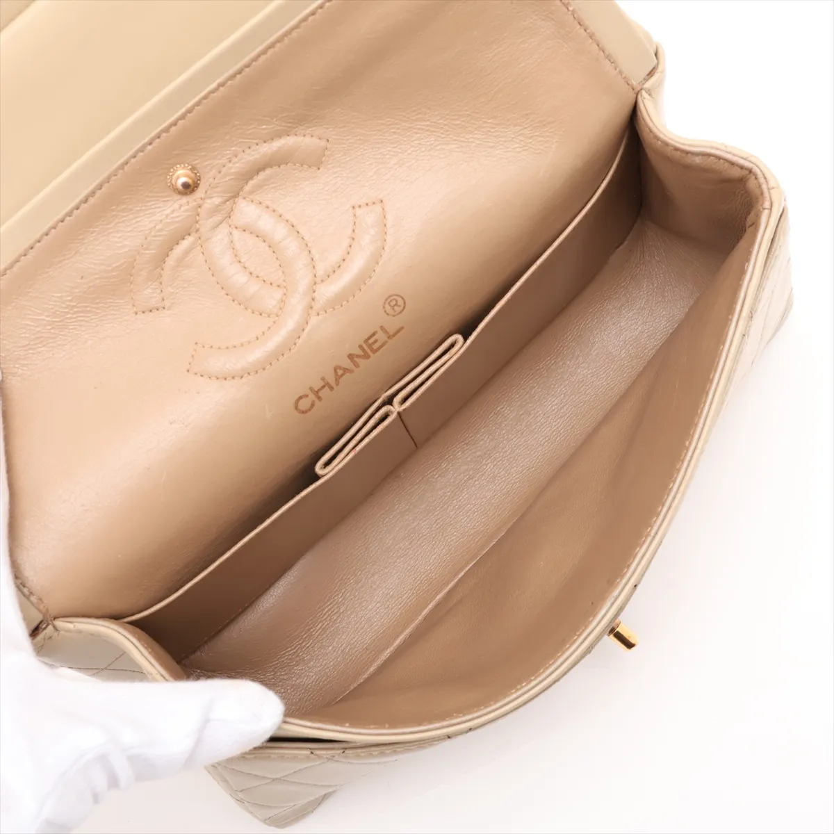 Matelassé 23 Small Lambskin Double Flap Double Chain Bag, Beige, Gold Hardware, 3057912, Series 3, A01113 — view 7