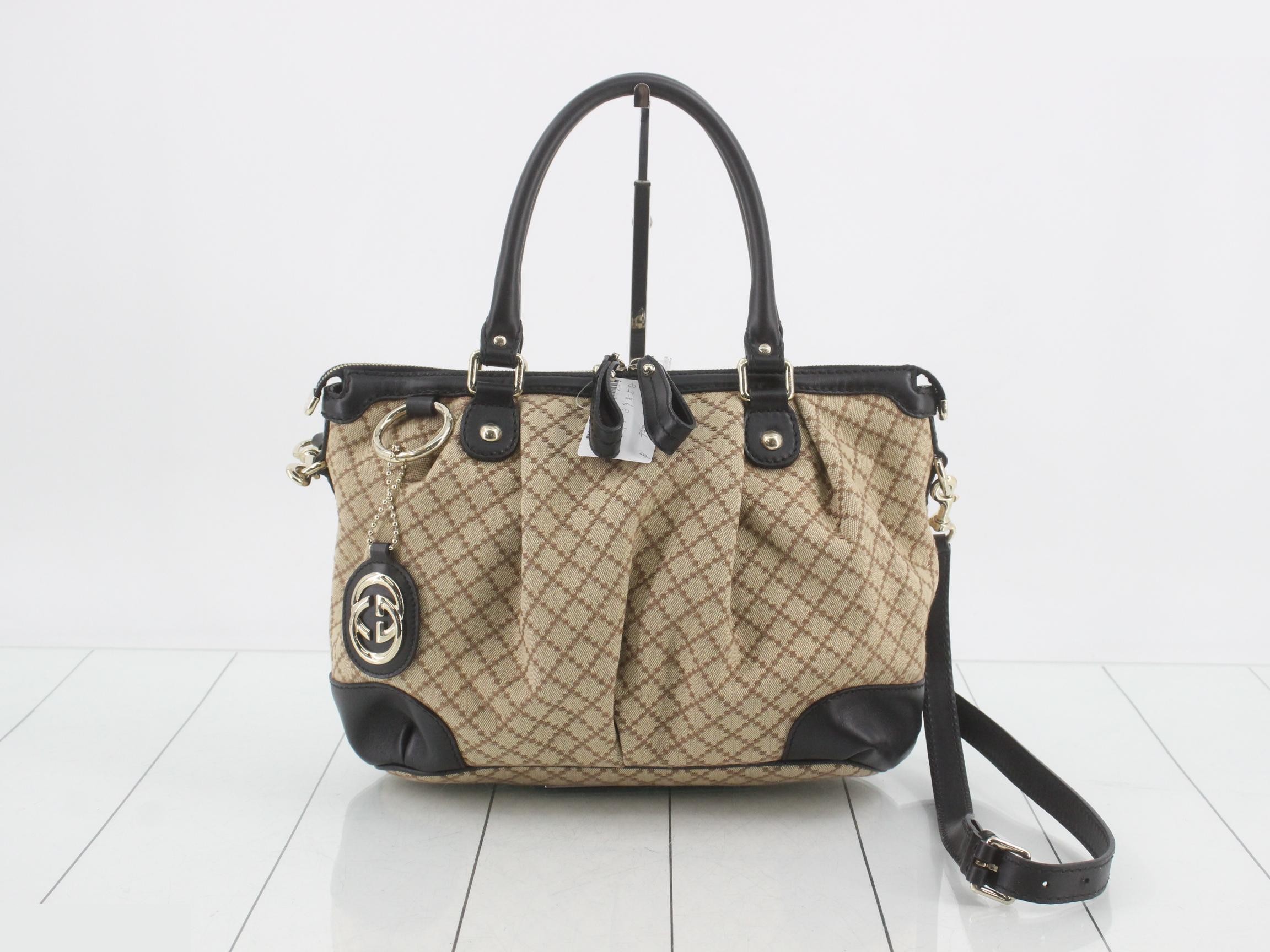 Diamante 2-Way Handbag, Beige/Black, with Shoulder Strap
