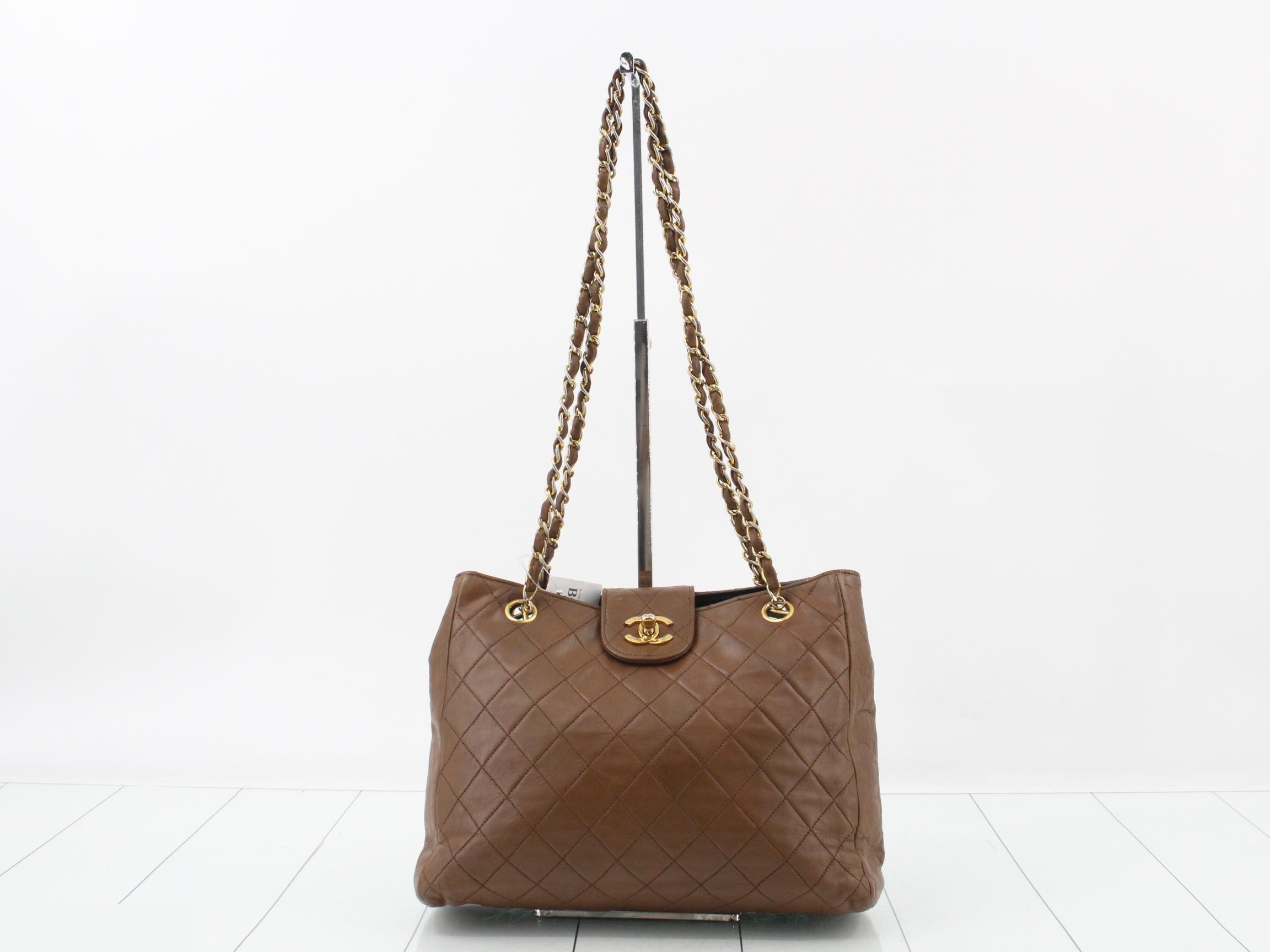 Matelassé Leather Chain Semi-Shoulder Bag, Brown