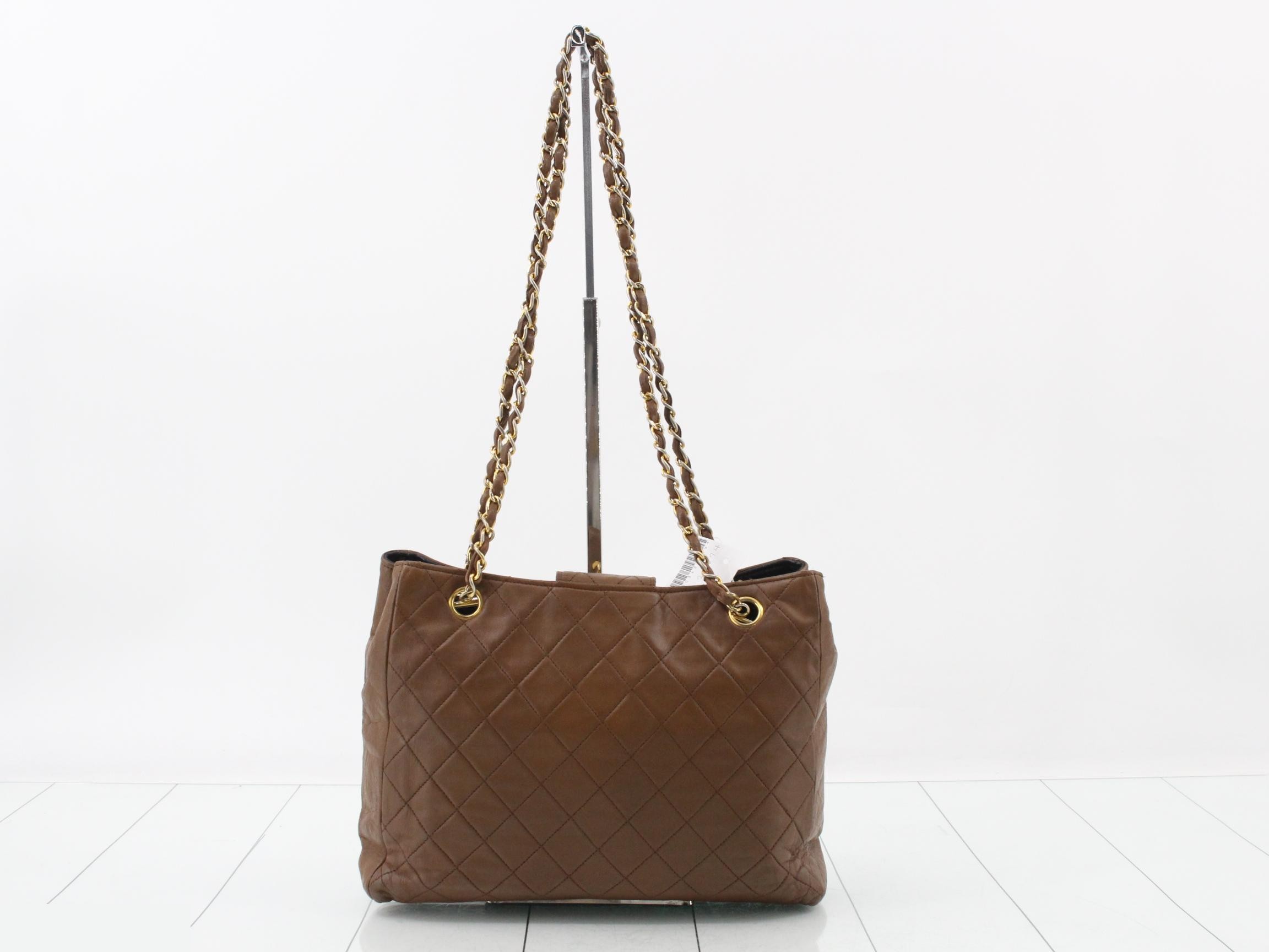 Matelassé Leather Chain Semi-Shoulder Bag, Brown — view 2