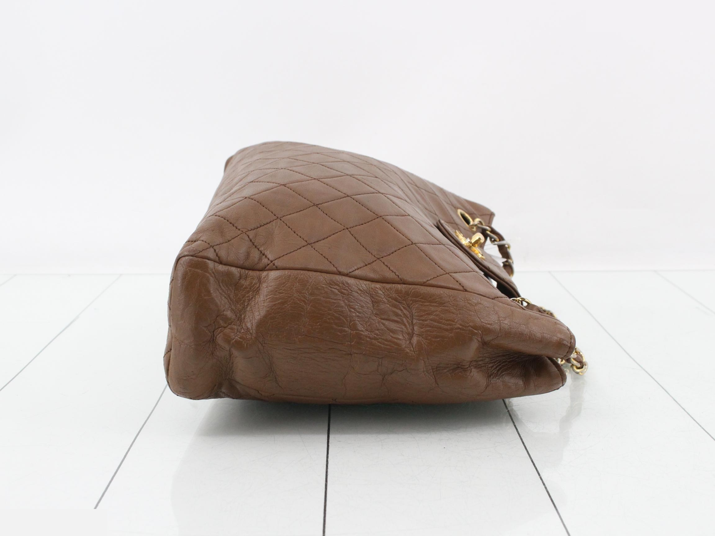Matelassé Leather Chain Semi-Shoulder Bag, Brown — view 3