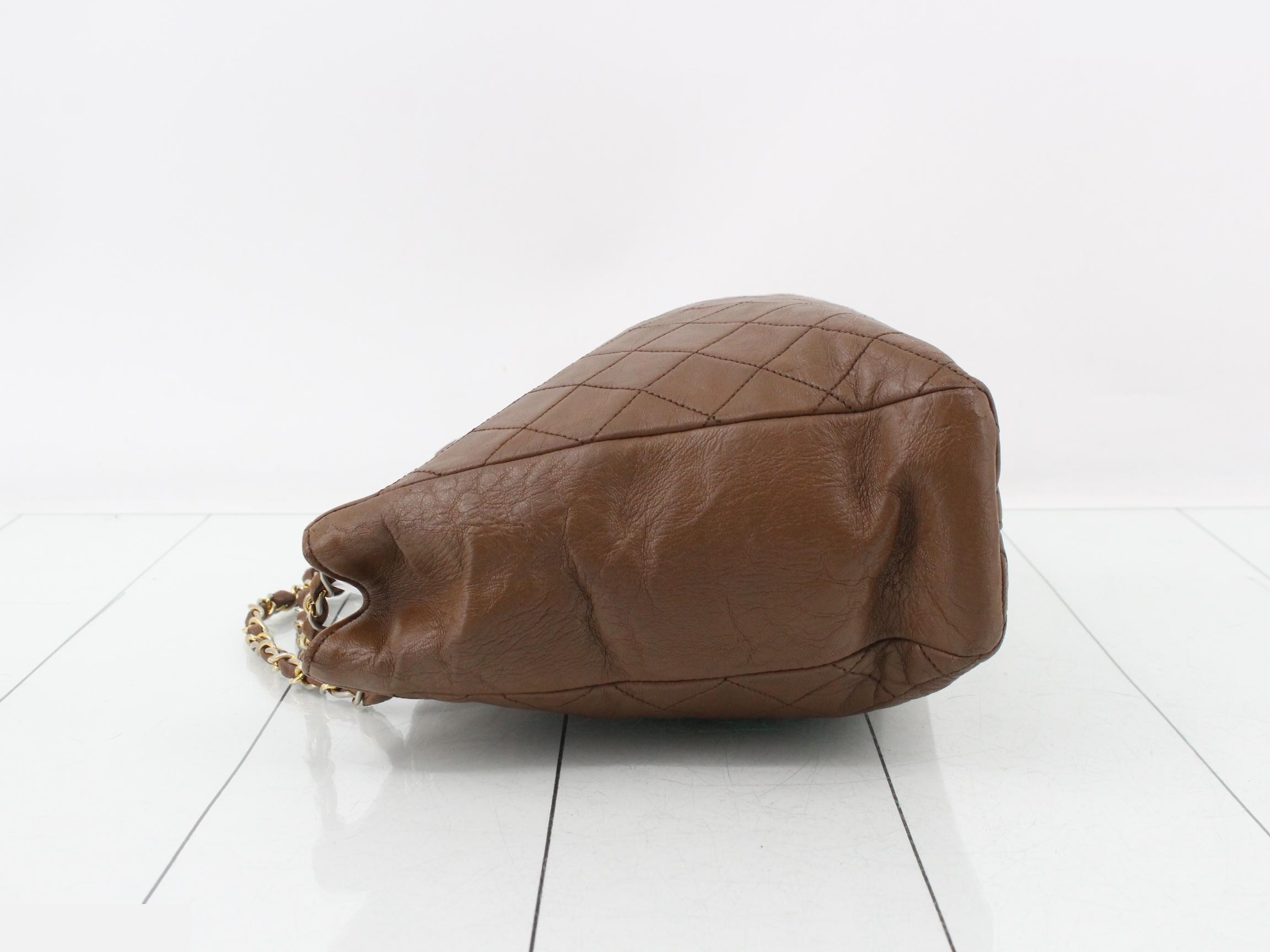 Matelassé Leather Chain Semi-Shoulder Bag, Brown — view 4