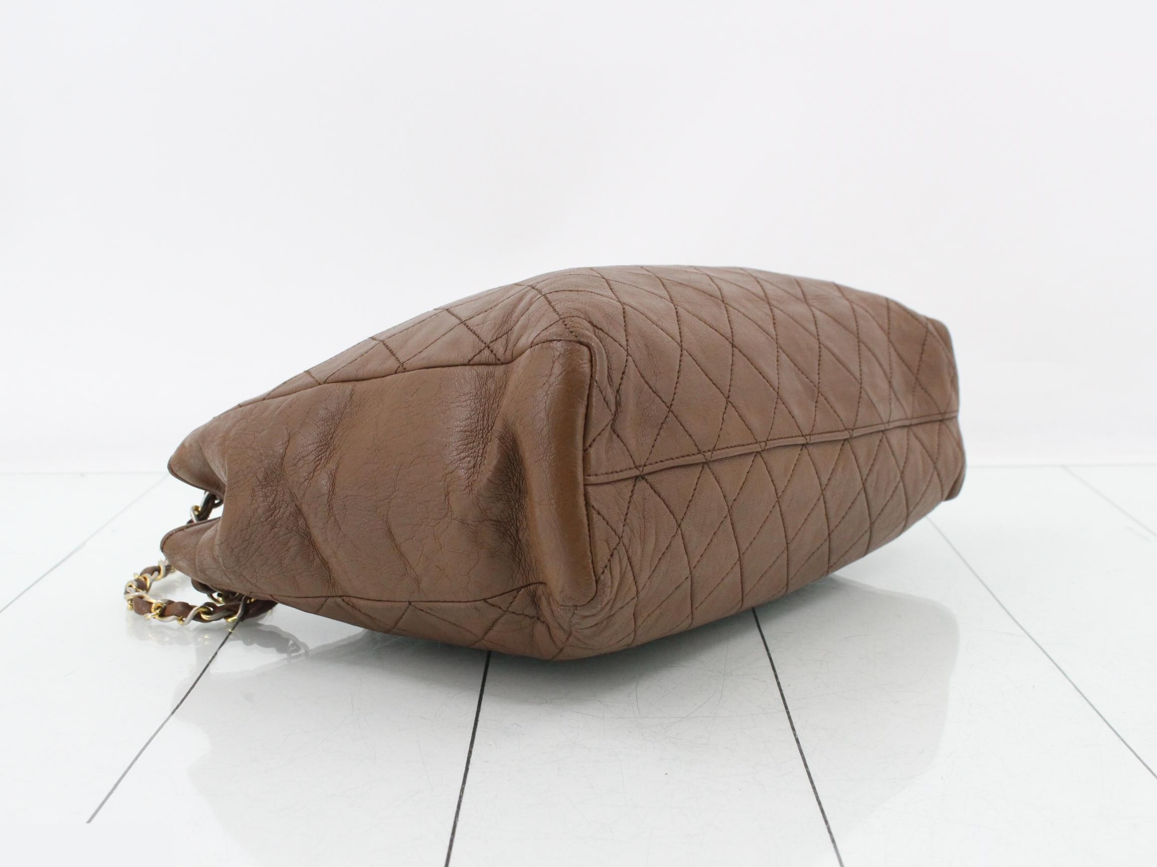 Matelassé Leather Chain Semi-Shoulder Bag, Brown — view 5