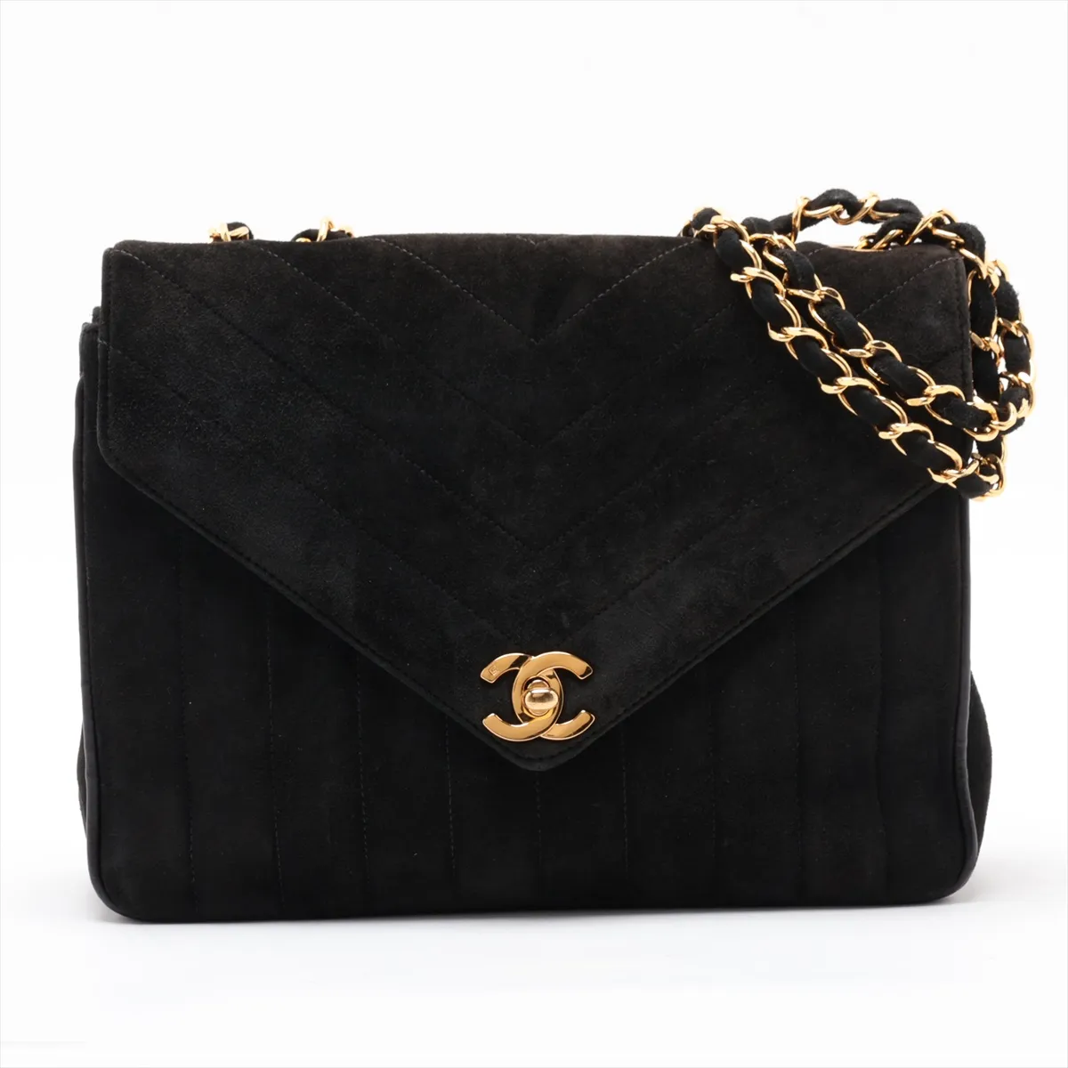 Mademoiselle Suede Single Flap Double Chain Bag, Chevron Black with Gold Hardware, Item No. 2488839 (Serial No. 2)