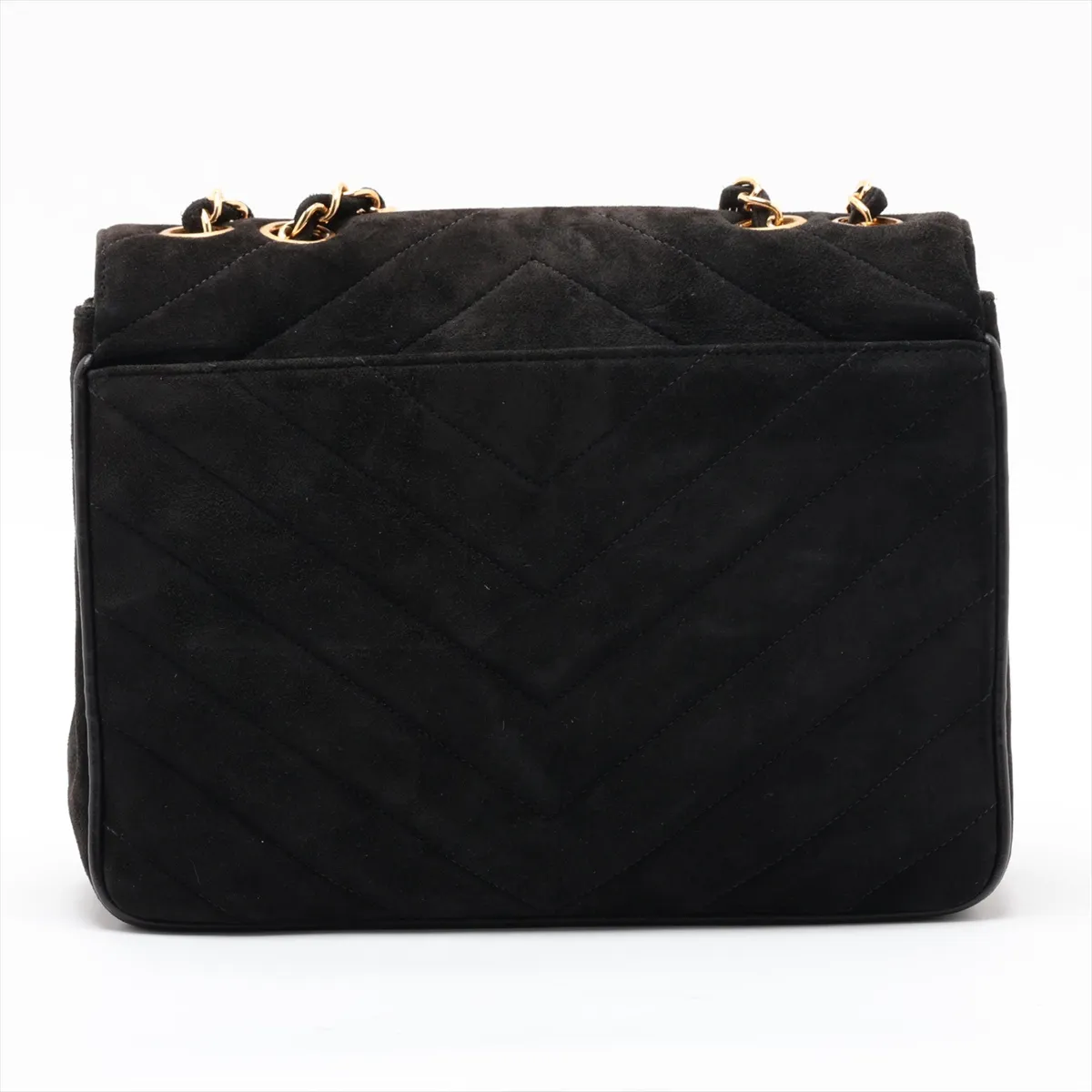 Mademoiselle Suede Single Flap Double Chain Bag, Chevron Black with Gold Hardware, Item No. 2488839 (Serial No. 2) — view 2