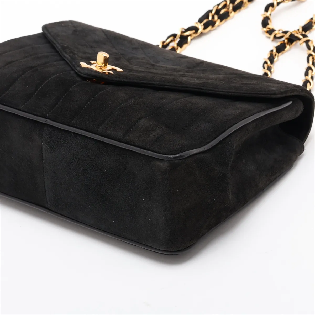 Mademoiselle Suede Single Flap Double Chain Bag, Chevron Black with Gold Hardware, Item No. 2488839 (Serial No. 2) — view 3