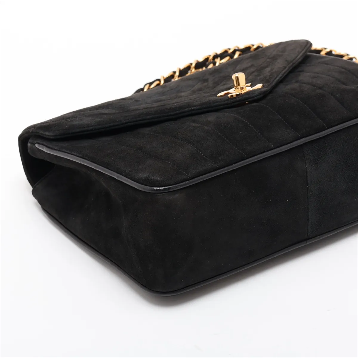 Mademoiselle Suede Single Flap Double Chain Bag, Chevron Black with Gold Hardware, Item No. 2488839 (Serial No. 2) — view 4