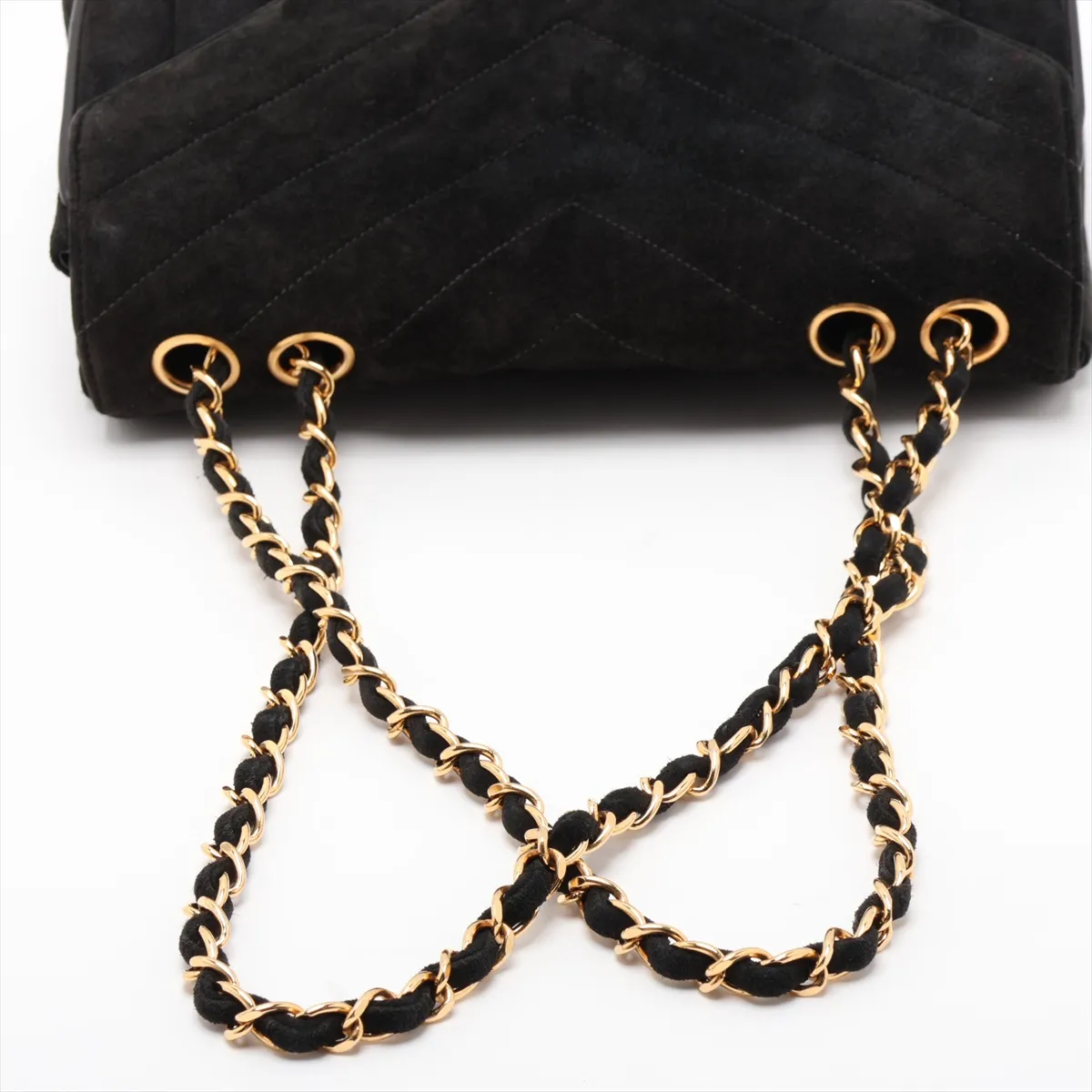 Mademoiselle Suede Single Flap Double Chain Bag, Chevron Black with Gold Hardware, Item No. 2488839 (Serial No. 2) — view 5