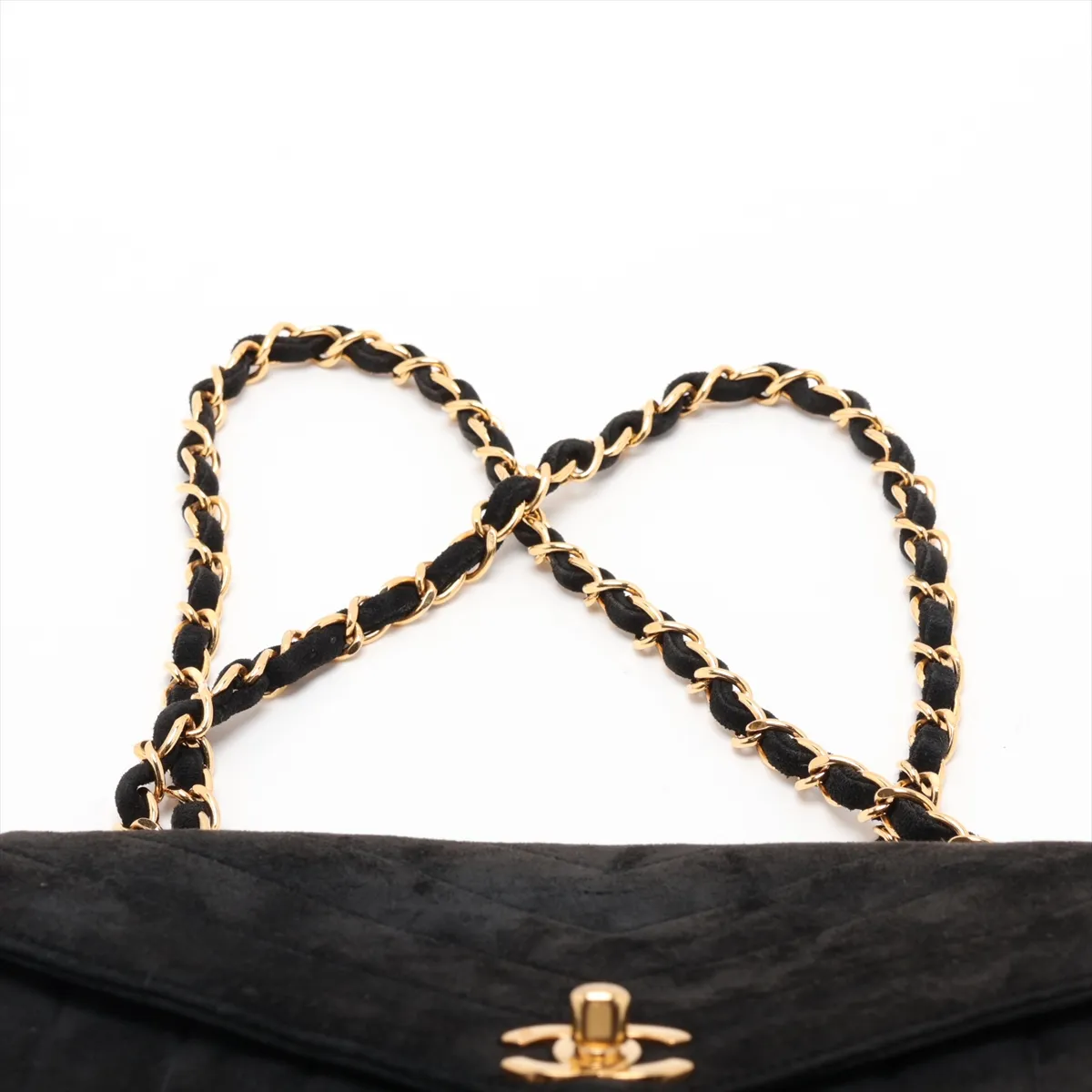 Mademoiselle Suede Single Flap Double Chain Bag, Chevron Black with Gold Hardware, Item No. 2488839 (Serial No. 2) — view 6