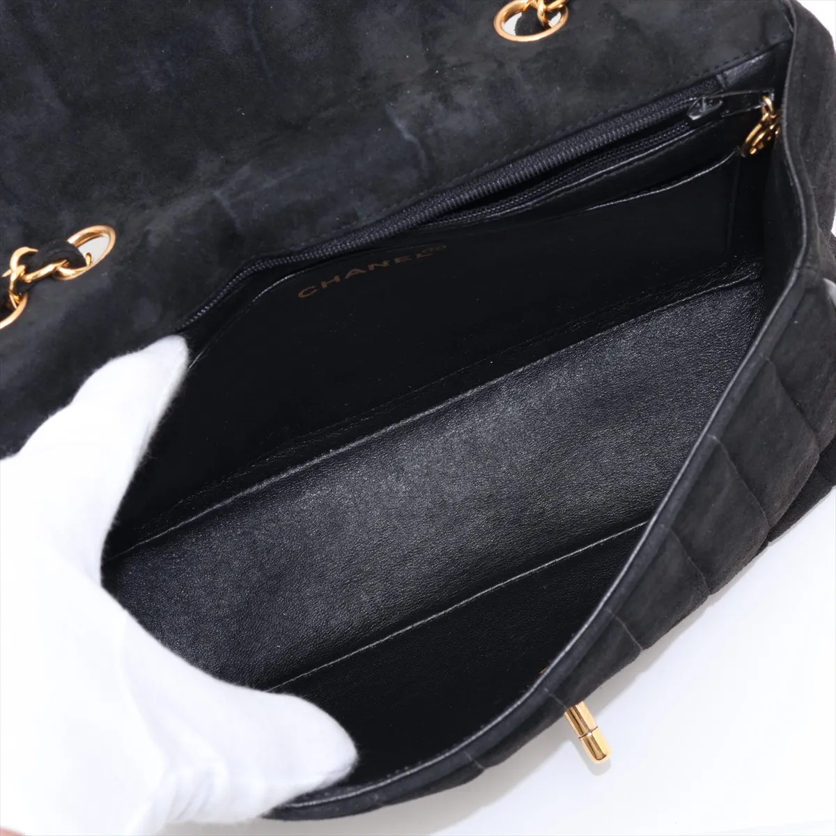 Mademoiselle Suede Single Flap Double Chain Bag, Chevron Black with Gold Hardware, Item No. 2488839 (Serial No. 2) — view 7