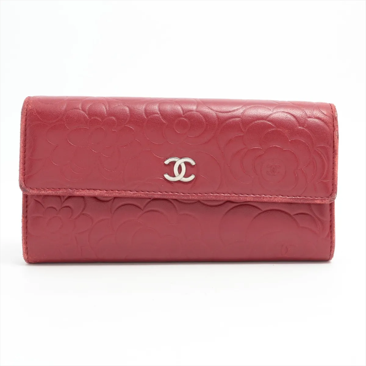 Camellia Lambskin Long Wallet, Red, Silver Hardware, 18066475