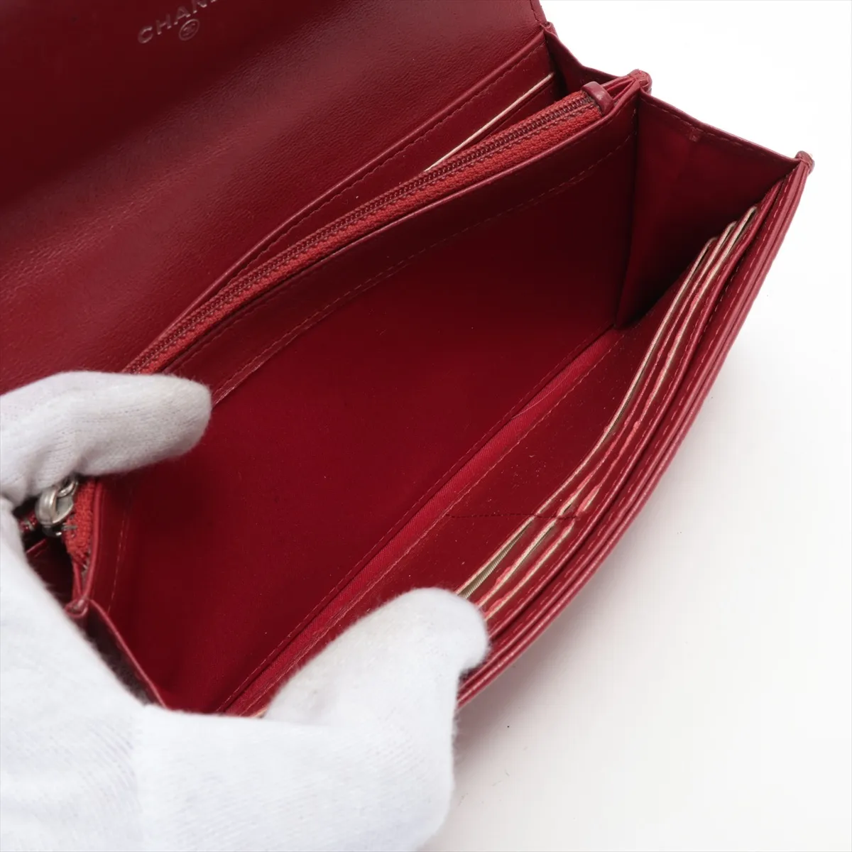 Camellia Lambskin Long Wallet, Red, Silver Hardware, 18066475 — view 6