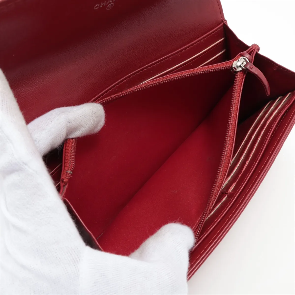 Camellia Lambskin Long Wallet, Red, Silver Hardware, 18066475 — view 8