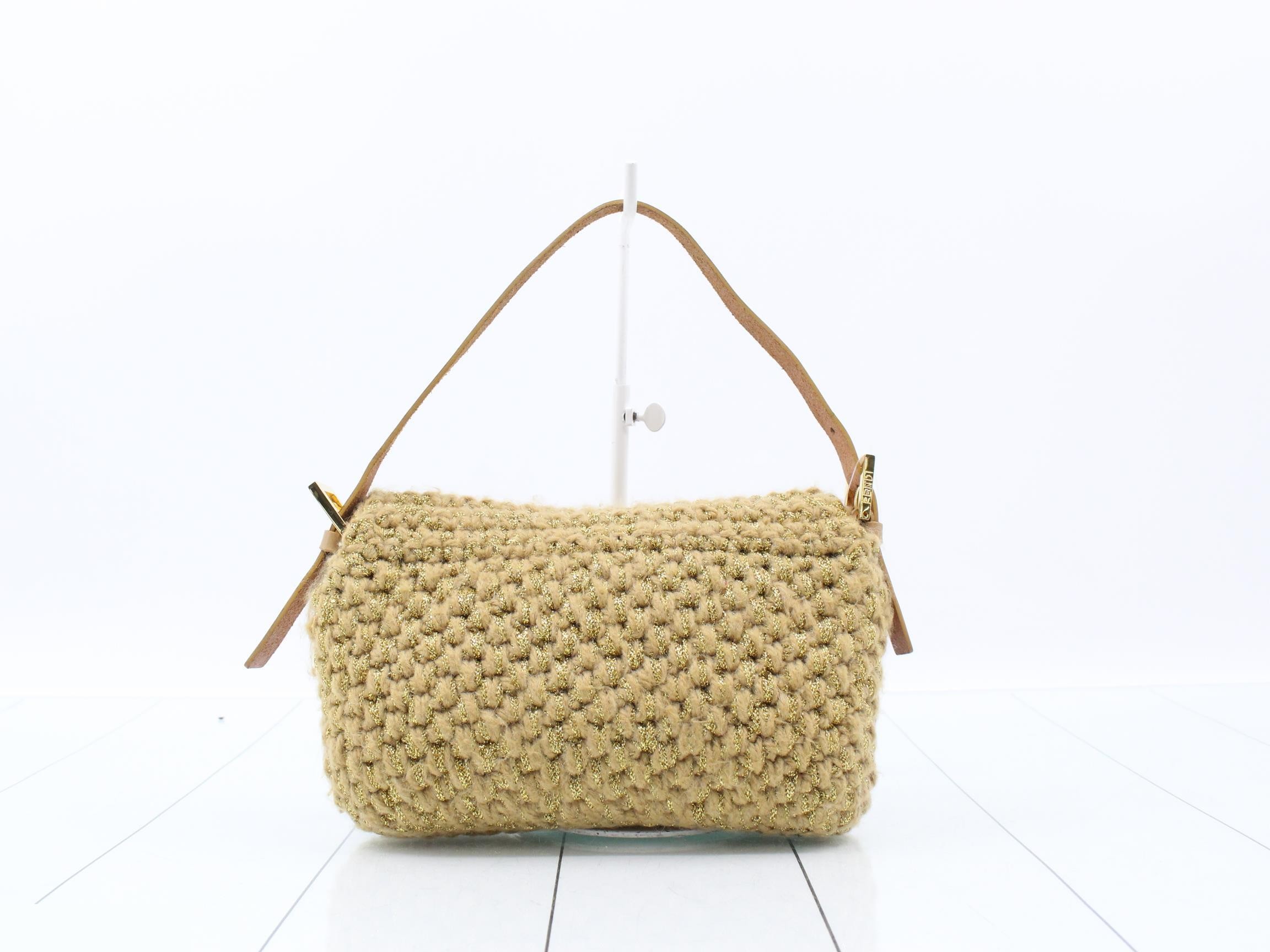 Baguette shoulder bag, knit, glitter, beige, calfskin, gold, wool — view 2