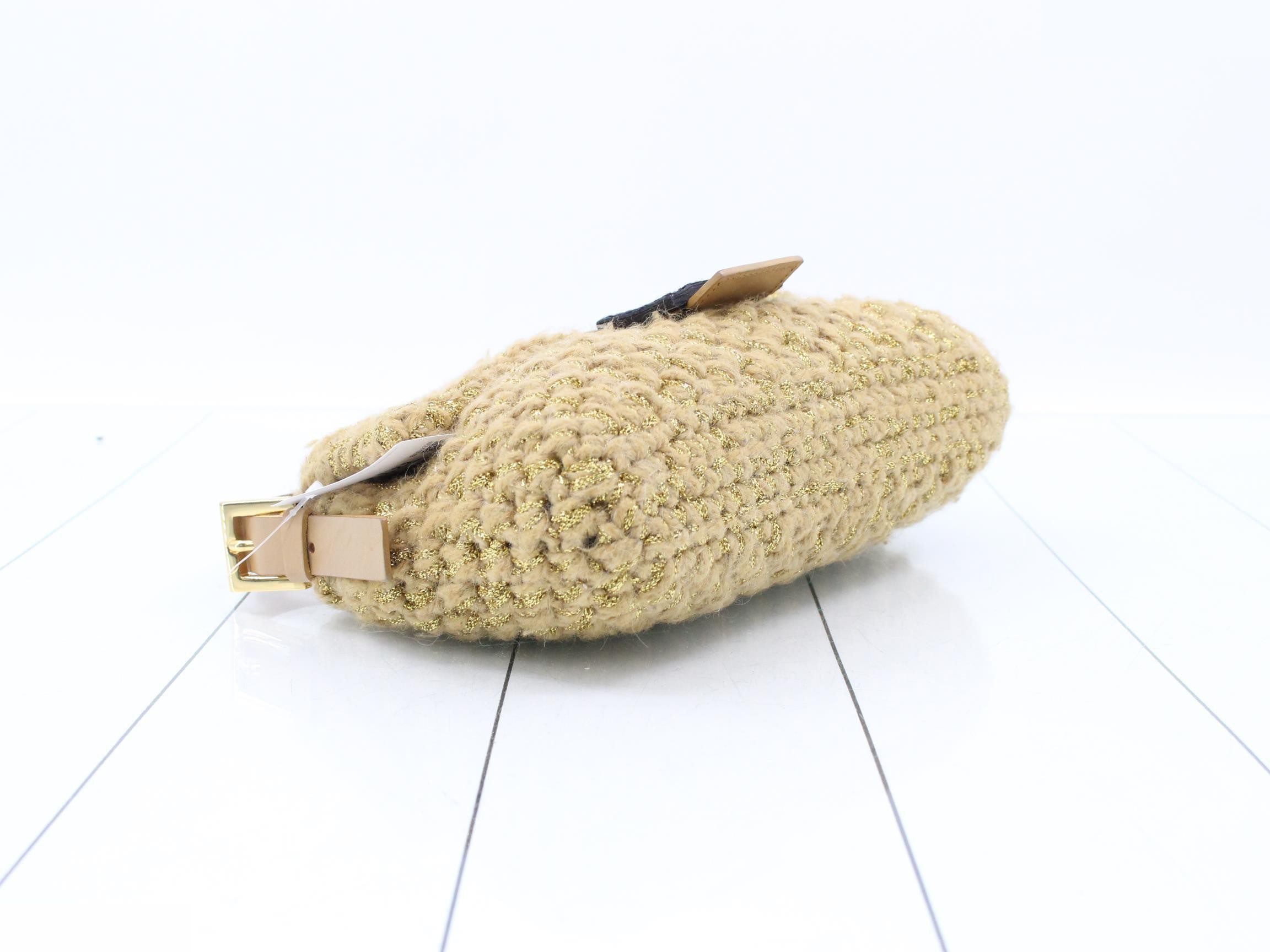 Baguette shoulder bag, knit, glitter, beige, calfskin, gold, wool — view 5